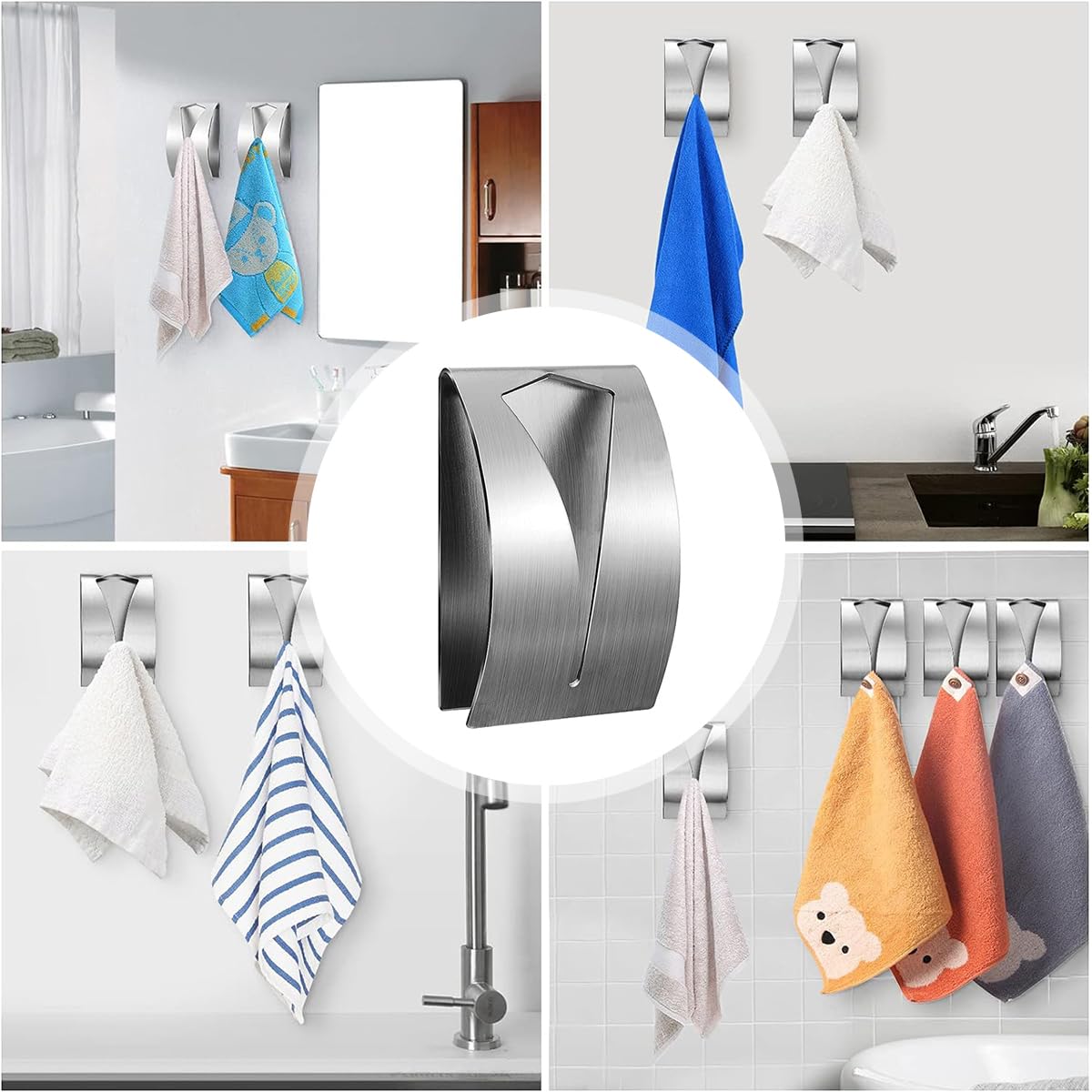 HASTHIP 2 Pcs Kitchen Towel Holder Grabber Self Adhesive, Stainless Steel Kitchen Dish Towel Hook, Wall Mount Non-Drilling Hand Towel Hanger Towel Holders for Bathroom Kitchen Cabinet