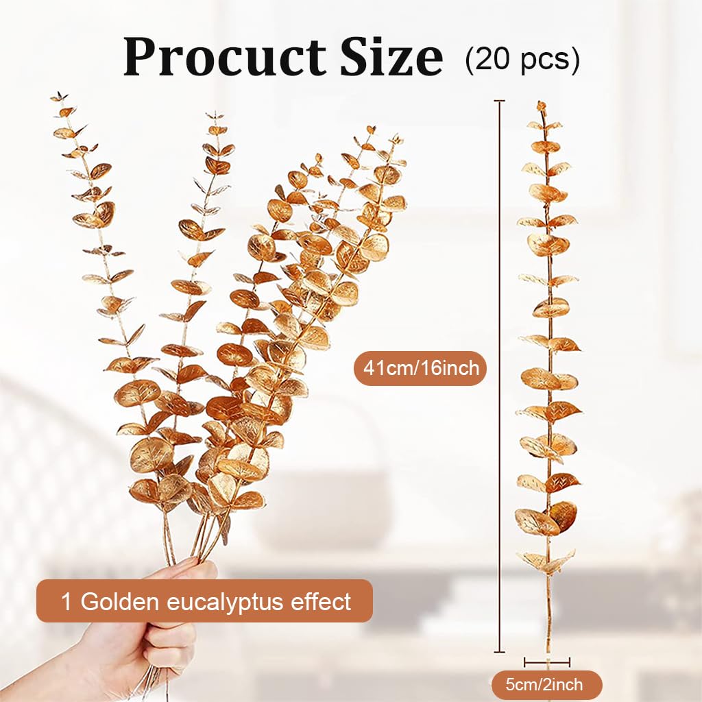 HASTHIP 20Pcs Golden Eucalyptus Leaves Artificial Plants for Home Decor, Fake Leaves Artificial Leaves Branches Artificial Flowers for Wedding, Arrangement, Room Decoration, 16