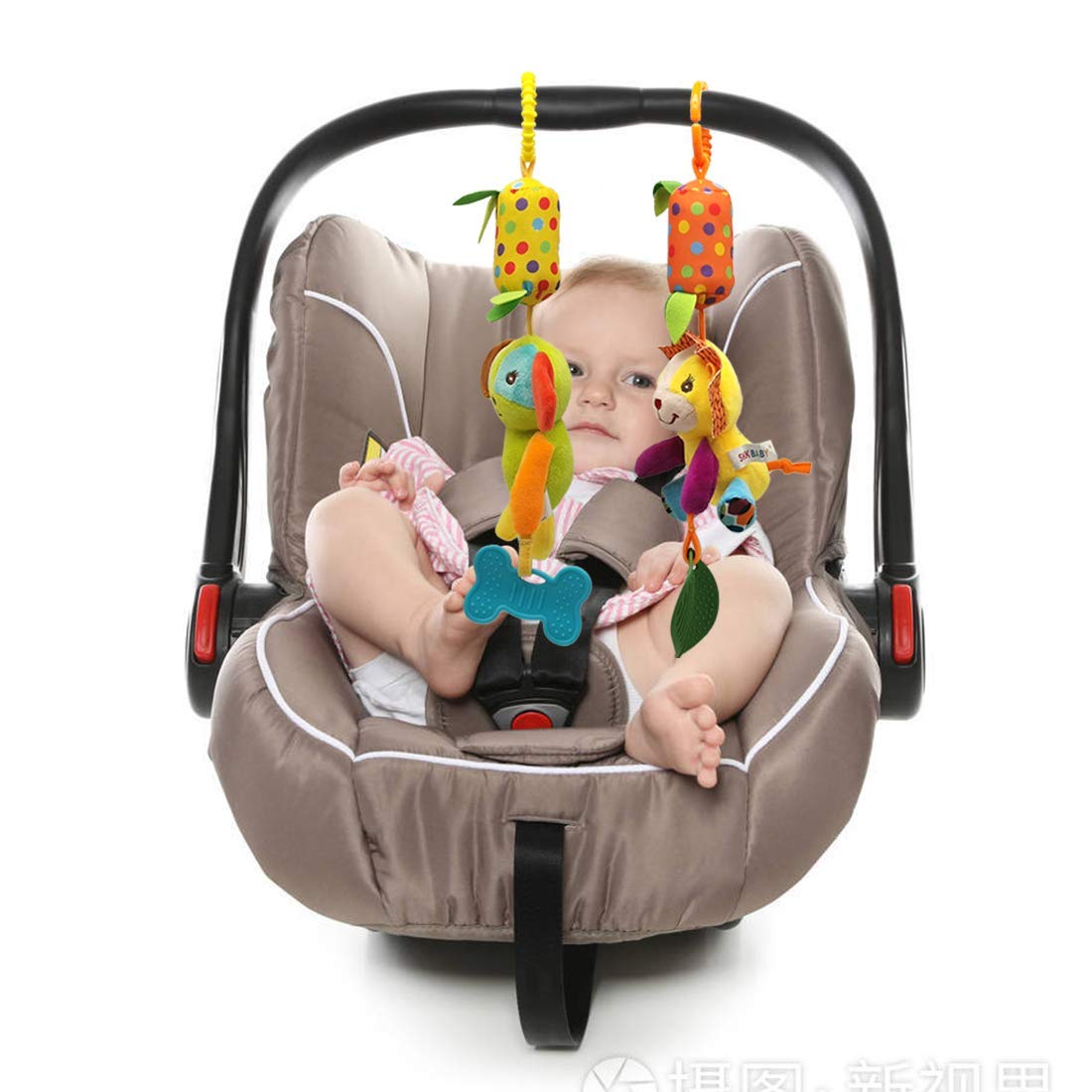 SNOWIE SOFT Baby Soft Hanging Rattle Crinkle Squeaky Toy Car Seat Stroller Toys with Teethers Plush Animal C-Clip Ring for Infant Babies Boys and Girls 3 6 9 to 12 Months (Multi-Colour-Lion)
