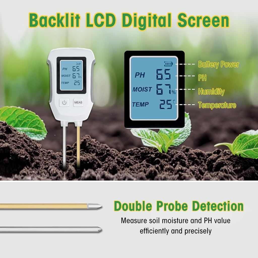HASTHIP Soil Meter 3 in 1 Professional Dual Probes Soil Meter for Moisture /Temp/PH LCD Digital Soil Moisture Meter Precison Agriculture Soil Meter (without Battery)