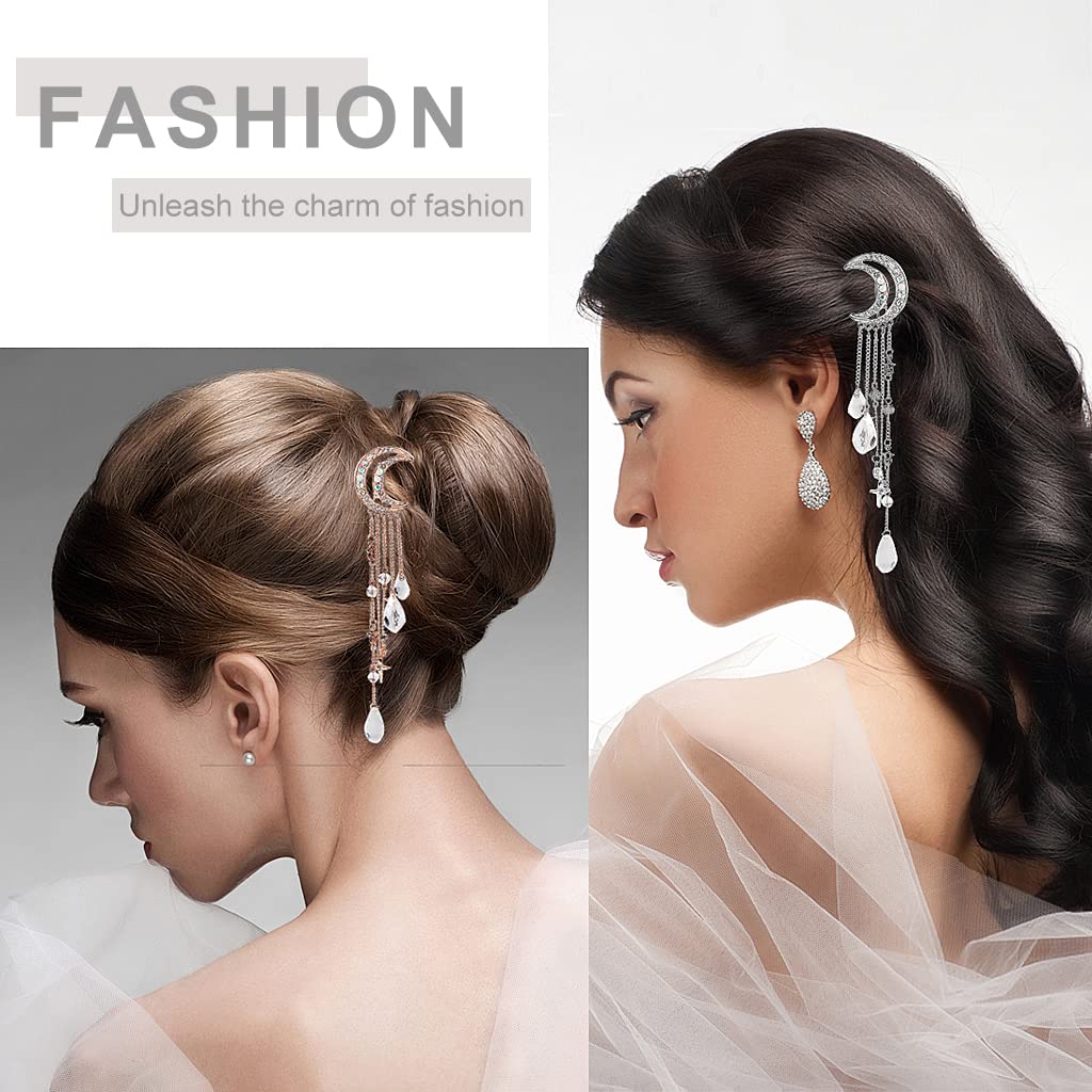 PALAY Rhinestone Hair Clips for Women Stone, Ladies Hair Clips for Women Girls Bridal Headpieces Moon Tassel Hair Pins Hair Barrets Hair Accessories