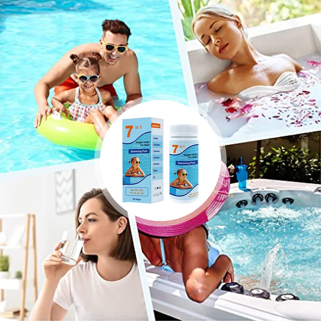 Qpets 50pcs 7 in 1 PH Pool Test Strips PH Paper 7-Way Pool and Spa Test Strips Quick Accurate Test Hardness, Total Alkalinity, Cyanuric Acid, Total Chlorine, Free Chlorine, Bromine, PH