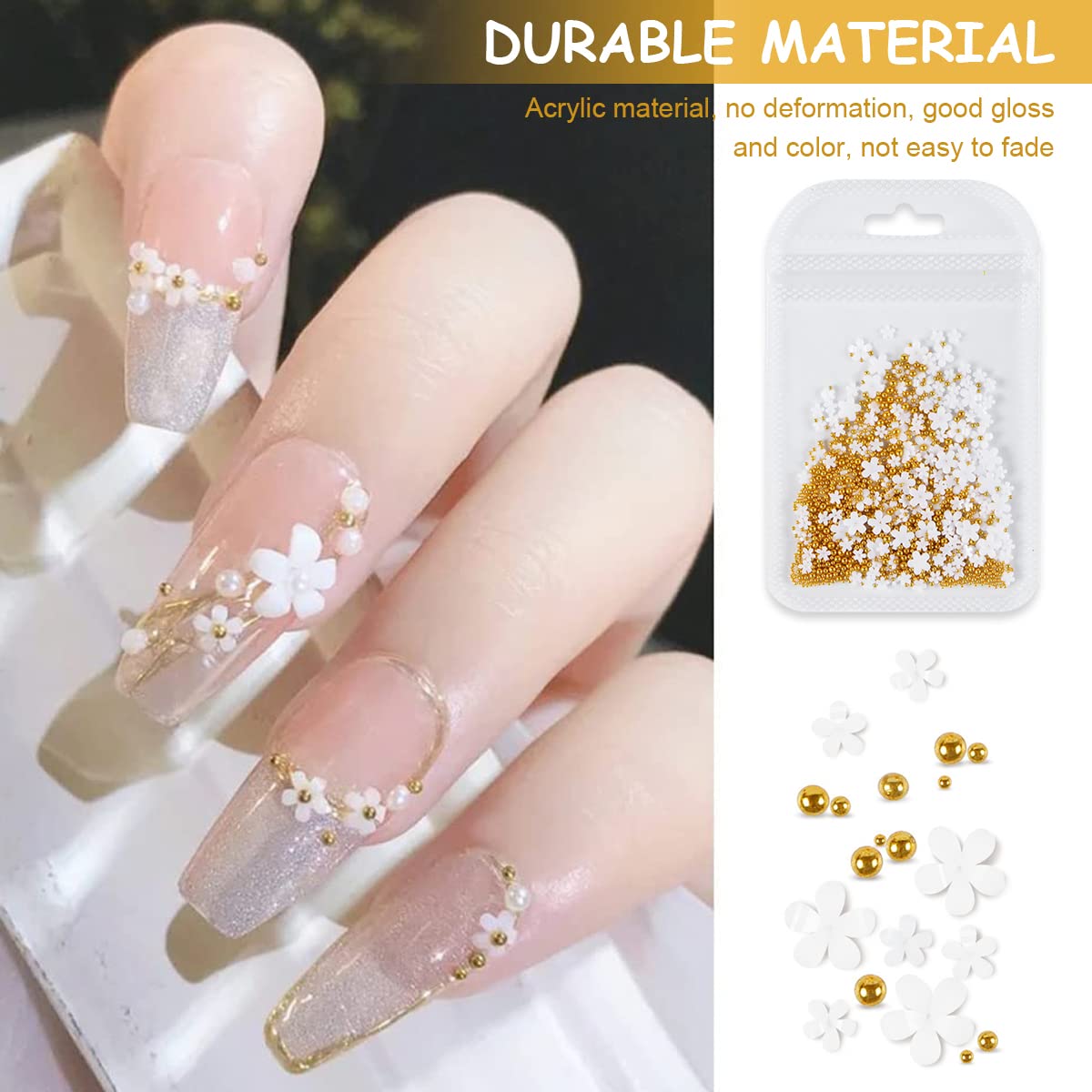 HASTHIP 3 D Flower Acrylic Decals for Nail Charms Art,DIY Manicure Salon Accessories for Women & Girls, 400 Pcs Resin Flower Decals with Golden Beads