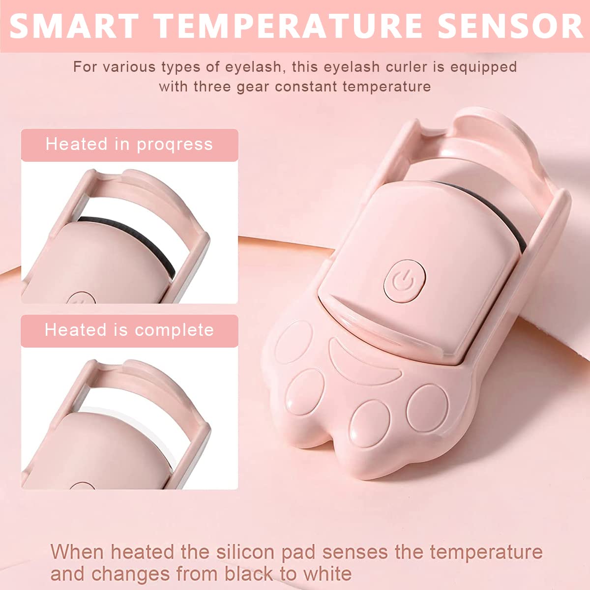 MAYCREATE Heated Eyelash Curler for Women, Electric Eyelashes Curler, Cat Paw Shape USB-C Rechargeable Heating Eyelash Curler with 2 Temperature Modes for Quick Natural Curling, Long Lasting