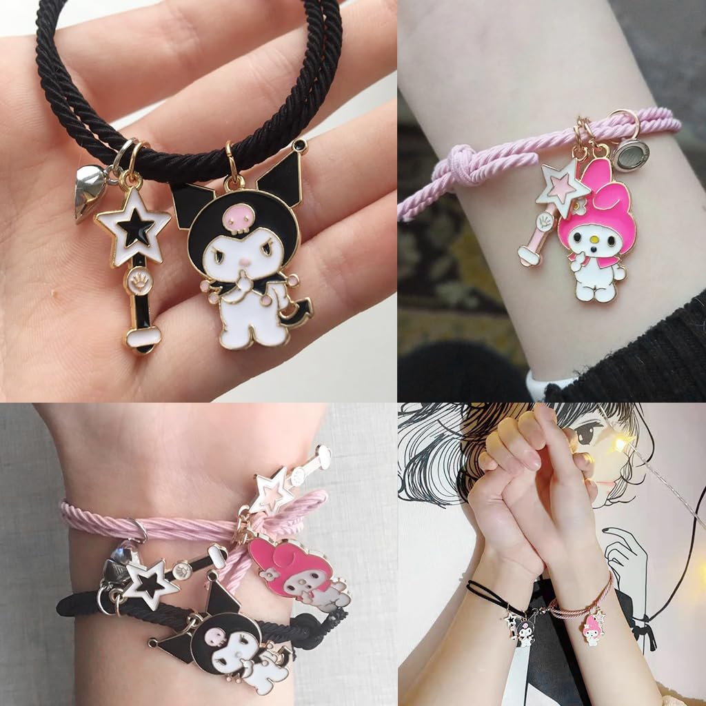MAYCREATE 1 Pair Girls Friendship Bracelets Kuromi & Melody Friendship Bracelet Fashion Cartoon Sanrio Rope Bracelet for Girls Magnetic Matching Kuromi Melody Bracelet Birthday Gift for Girls