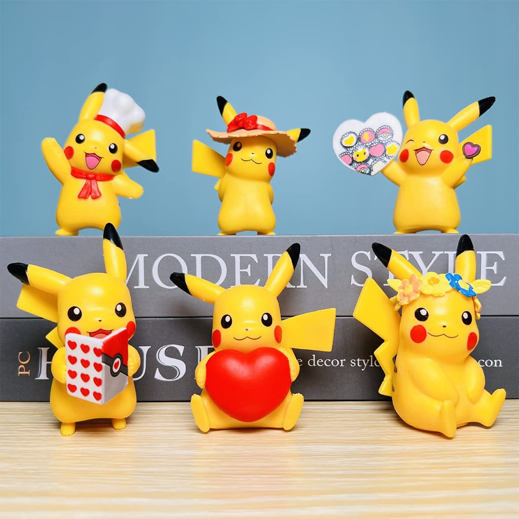 PATPAT Polyvinyl Chloride Set of 6 Pika-Chu Figure Toy Poke-Mon Figures Desk Decoration Poke-Mon Toy Figure Toy For Kids Anime Lovers Birthday Gift Room Decoration (9Cm), Multi Colour