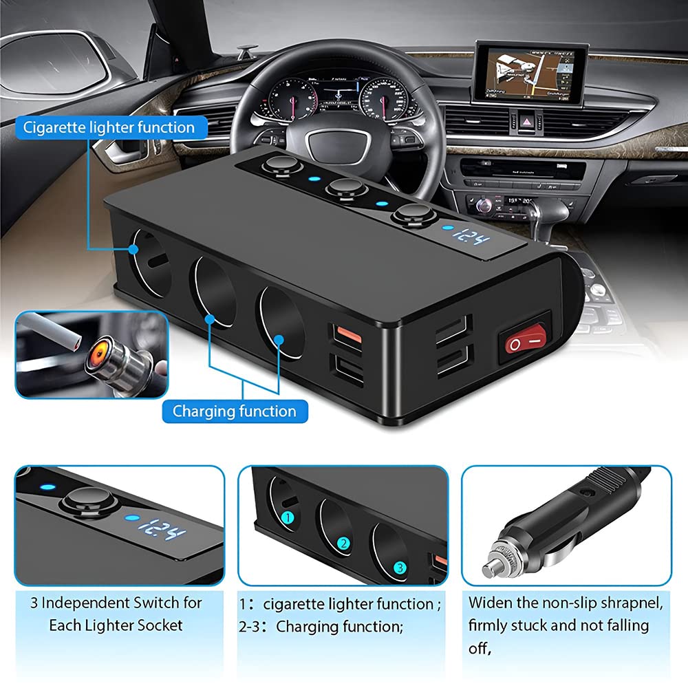STHIRA Car Charger, 180W 3-Stocket Cigarette Lighter Splitter with 4 USB Ports 12V/24V Cigarette Lighter Adapter with Separate Switch Voltage Monitor & Replaceable Fuse for GPS/Dash Cam/Phone