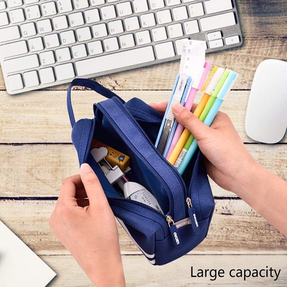 HASTHIP Large Pencil Pouch with Compartments Pencil Box for Girls Teenage Big Capacity Pen Case Stationery Storage Cosmetic Make up Bag Pouch (Dark Blue)