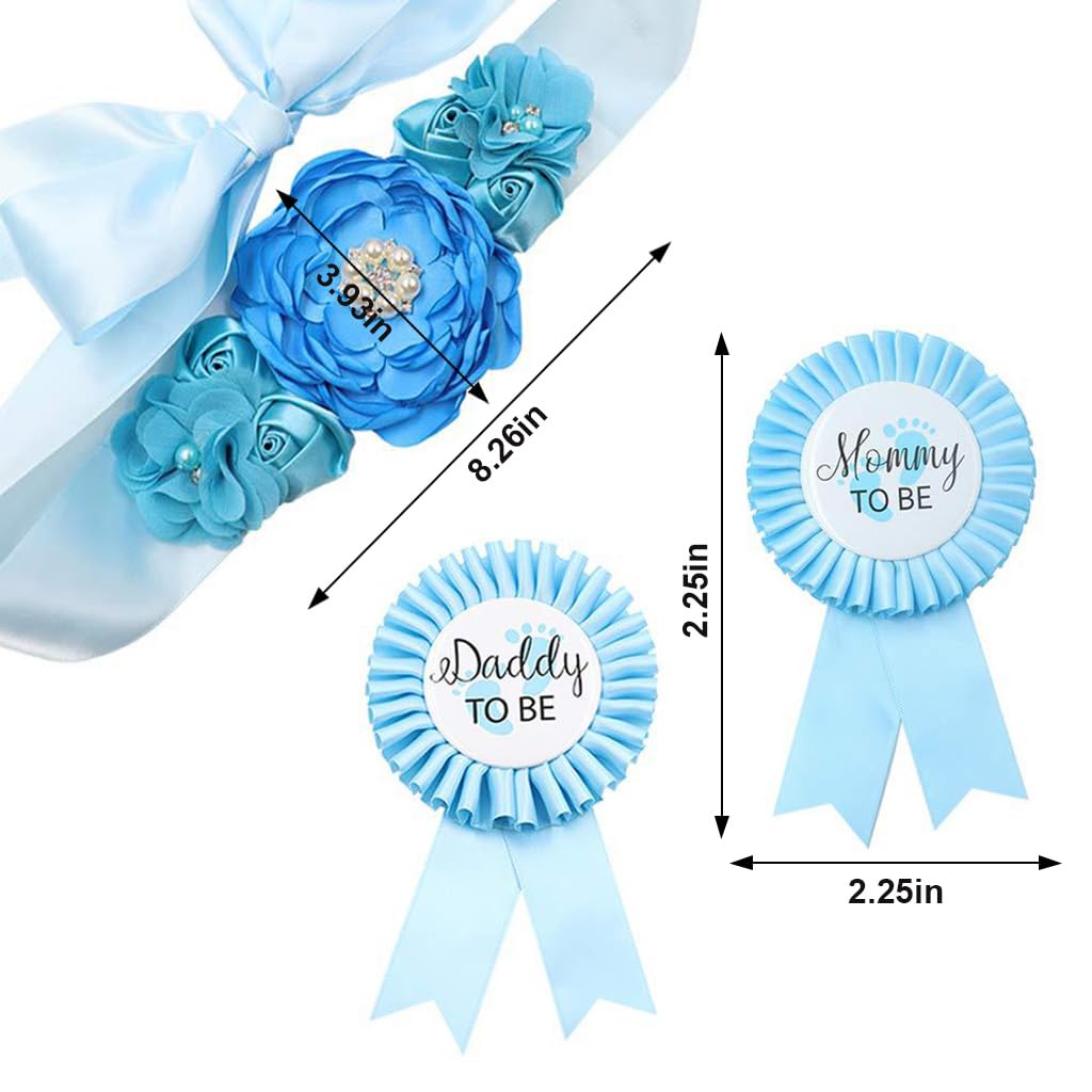 PALAY Mom to Be Flower Sash Set - Baby Shower Daddy to Be Corsage Pin - Flower Belt for Maternity Dress - Pregnancy Photo Props Supplies-Blue