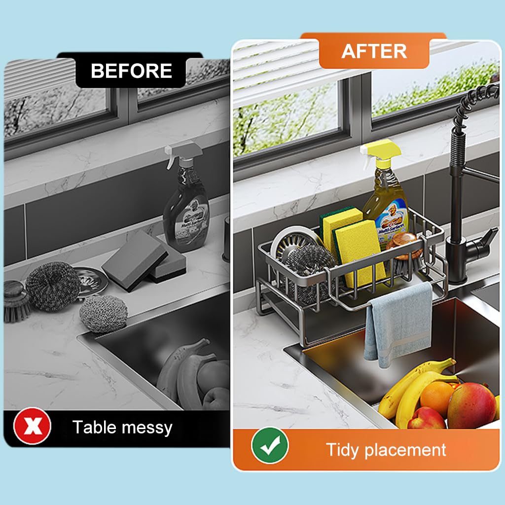 Supvox Kitchen Sink Organizer, Kitchen Sink Drain Rack, Kitchen Sink Caddy Organiser, Sponge Sink Caddy, Stainless Steel Sponge Holder Rack for Dish Soap, Brush, 23x9x10cm (Sliver)