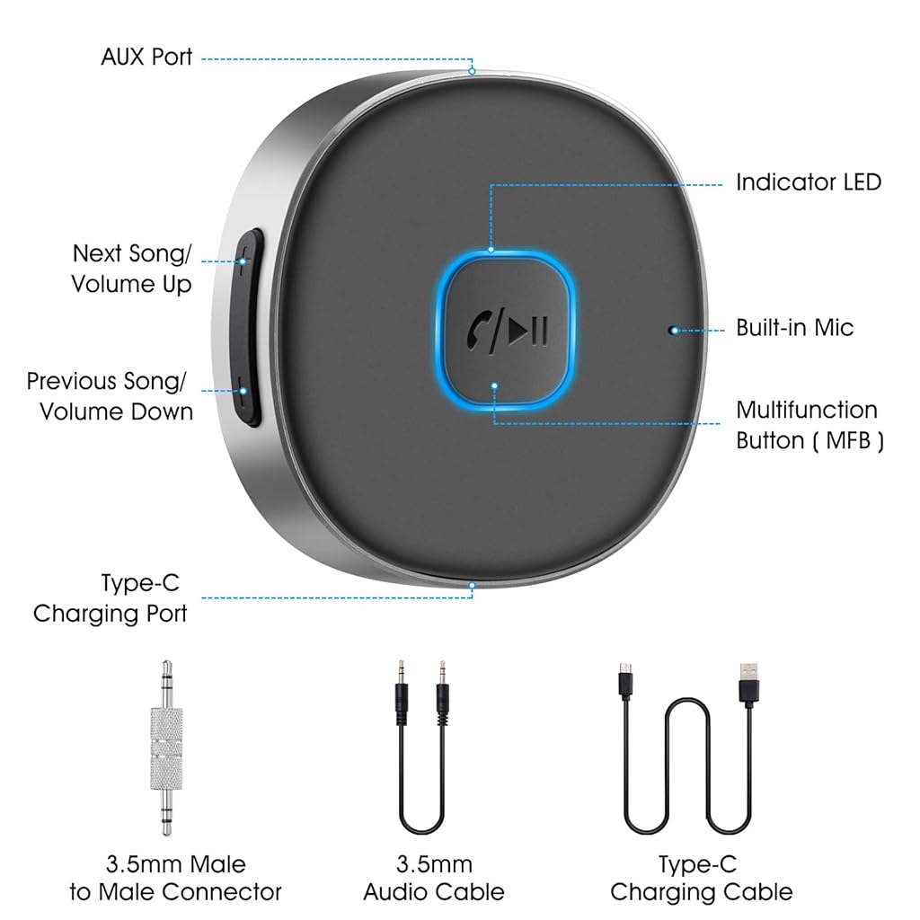 Verilux® Bluetooth 5.0 Receiver for Car, Wireless 3.5mm Jack Aux to Bluetooth Converter, Hands-Free Call Car Bluetooth Device, Bluetooth Adapter Connector for Car Stereo/ Home Theatre