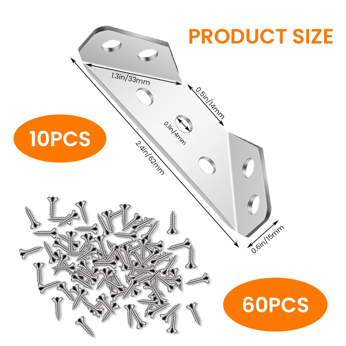 Serplex 10Pcs Shelf Brackets with 60Pcs Screws Corner Braces Corner Supports 90 Degree Bonding Brackets Screw Mounted Stainless Steel Metal Brackets for Wooden Panel, Woodworking, Crafting