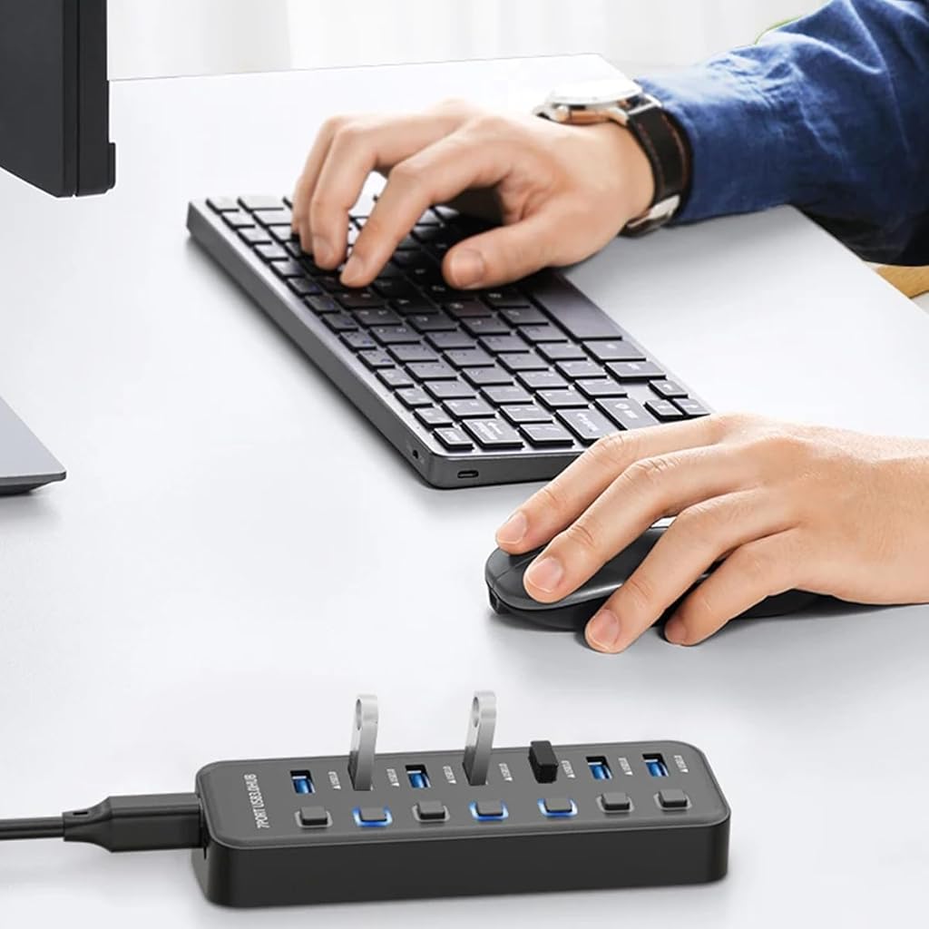 Zeitel 7 in 1 USB Hub with Color Light Extension Hub 5Gbps High Speed USB C Hub with 7 Ports & Individual Switch Universal USB Hub for USB Flash Drives, Keyboards, Webcams, USB Fans, Card Readers