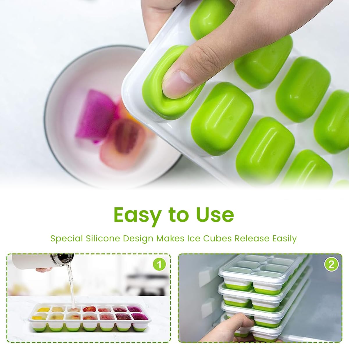 HASTHIP 4 Pack Ice Cube Trays, Airabc Silicone with Removable Lid, Easy-Release Silicone & Flexible, BPA Free, for Cocktail, Freezer, Stackable Ice Trays with Covers