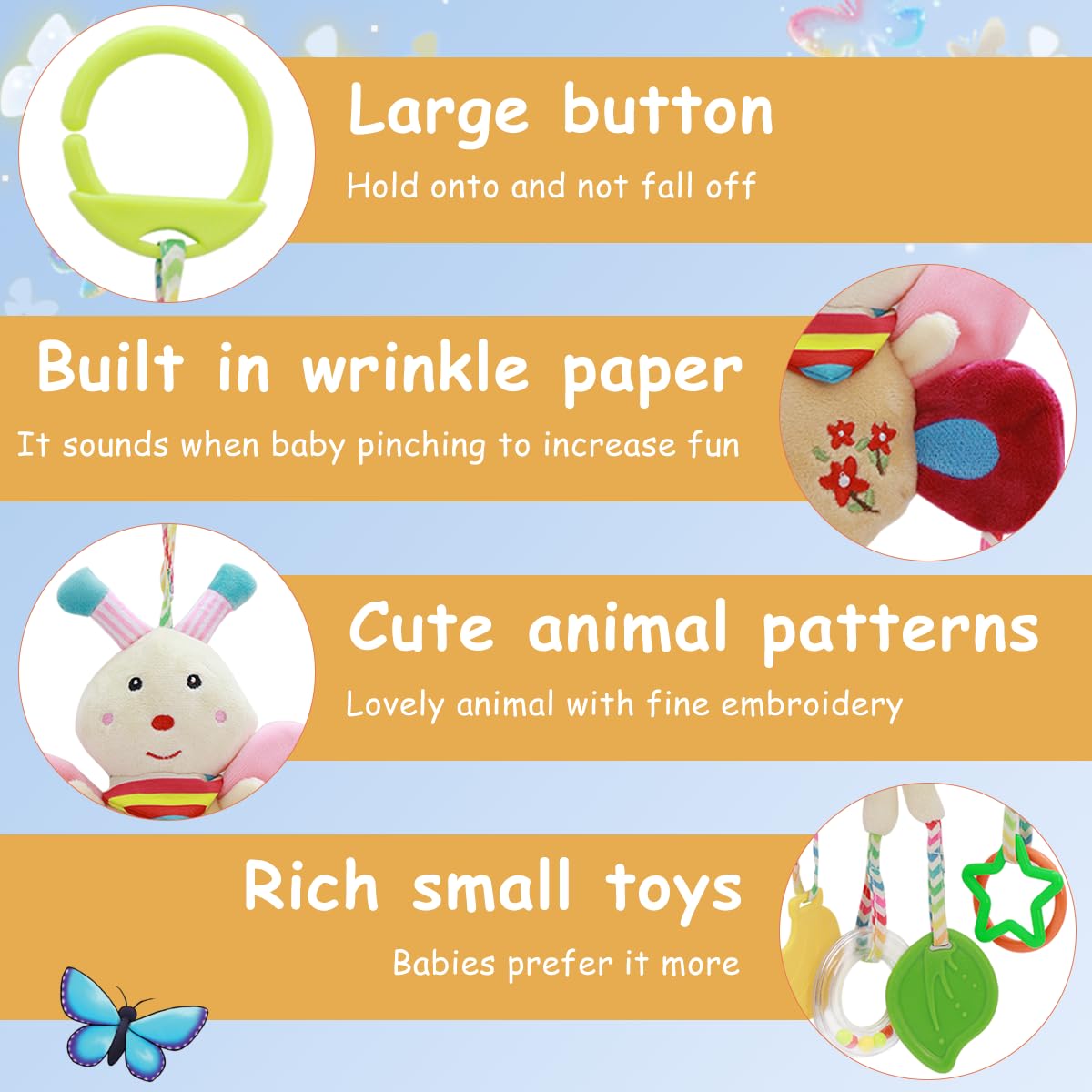 PATPAT Hanging Toys for Babies 0-6 Months, New Born Baby Toys Rattle Crinkle Squeaky Toy Car Seat Plush Stroller Toy with Teethers Plush Butterfly C-Clip Ring for Infant Babies 3 6 9 to 12 Months
