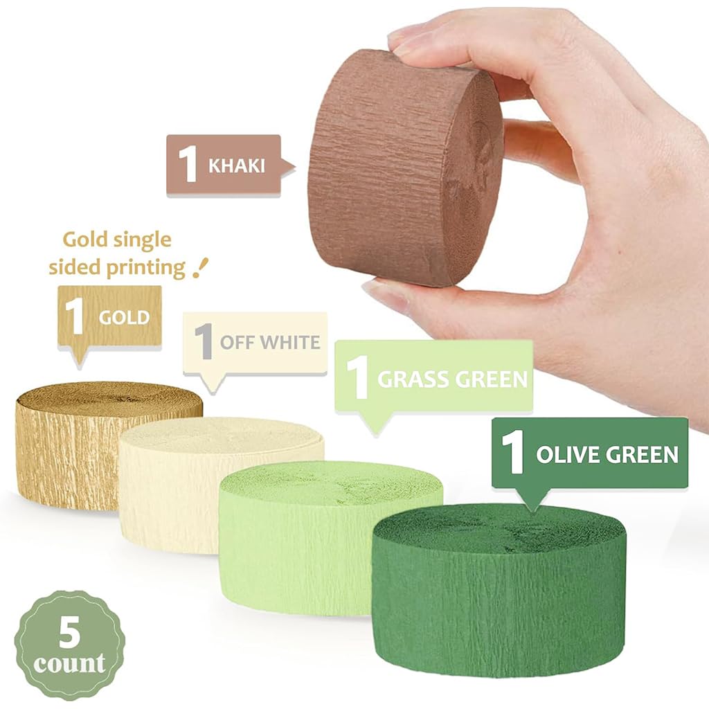 HASTHIP 5 Rolls Party Decorations Paper Streamers - Green & Gold Crinkle Paper for Camp Bachelorette, Baby Shower, Wedding, Bridal Shower, Engagement Party Supplies Décor, 1.7 inches x 82 ft Per Roll