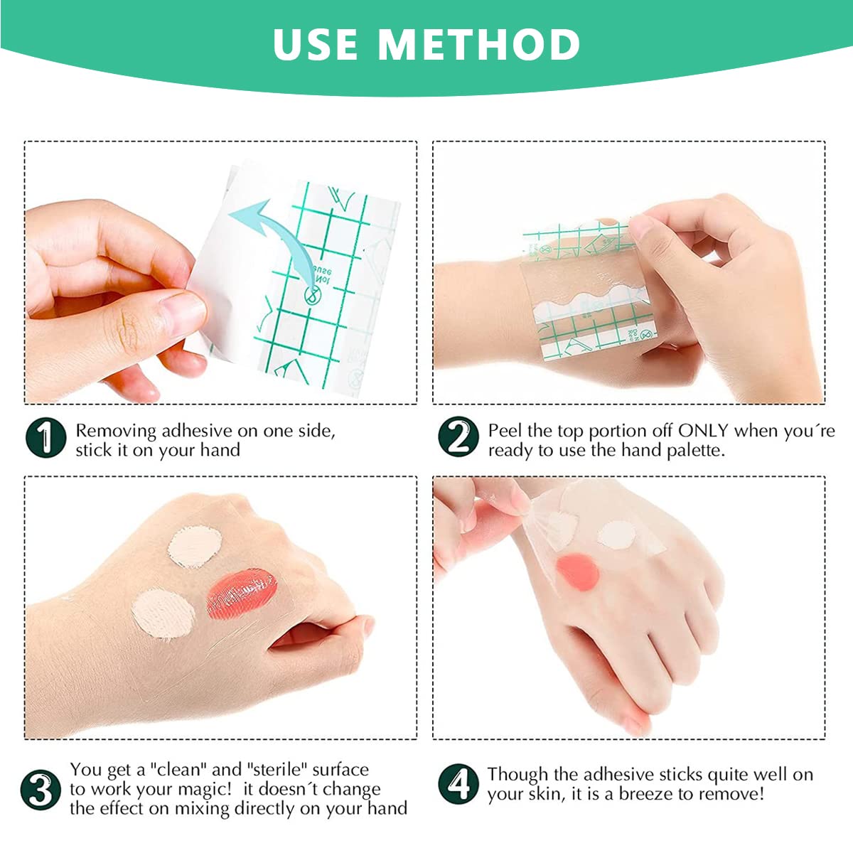 MAYCREATE 100Pcs Hand Palette for Makeup PU Film Makeup Palette Artist Must Haves Waterproof Transparent Adhesive Makeup Mixing Tape for Foundataion Blending (2.4''x2.4