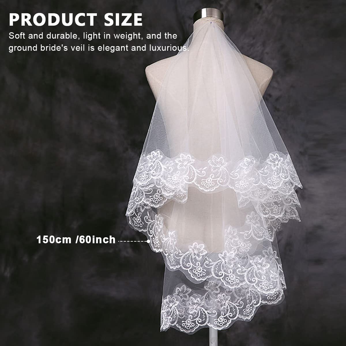 PALAY Wedding Veil 1.5m Lace Edge Bridal Veil Pure White Veil for Wedding Bride, Women Tulle Short Veil for Wedding Bachelorette Party