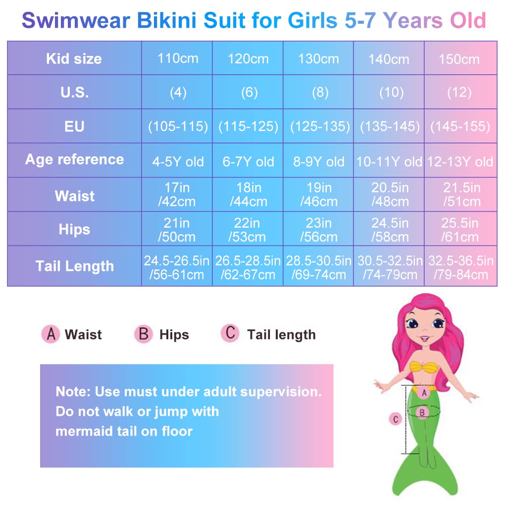 PALAY Mermaid Tail Swimming Suit 3Pcs Set, Cute Swimsuit for Girls Mermaid Princess Swimwear Costume Bathing Bikini Suit for Girls 4-7 Years Old (4-5 Years)