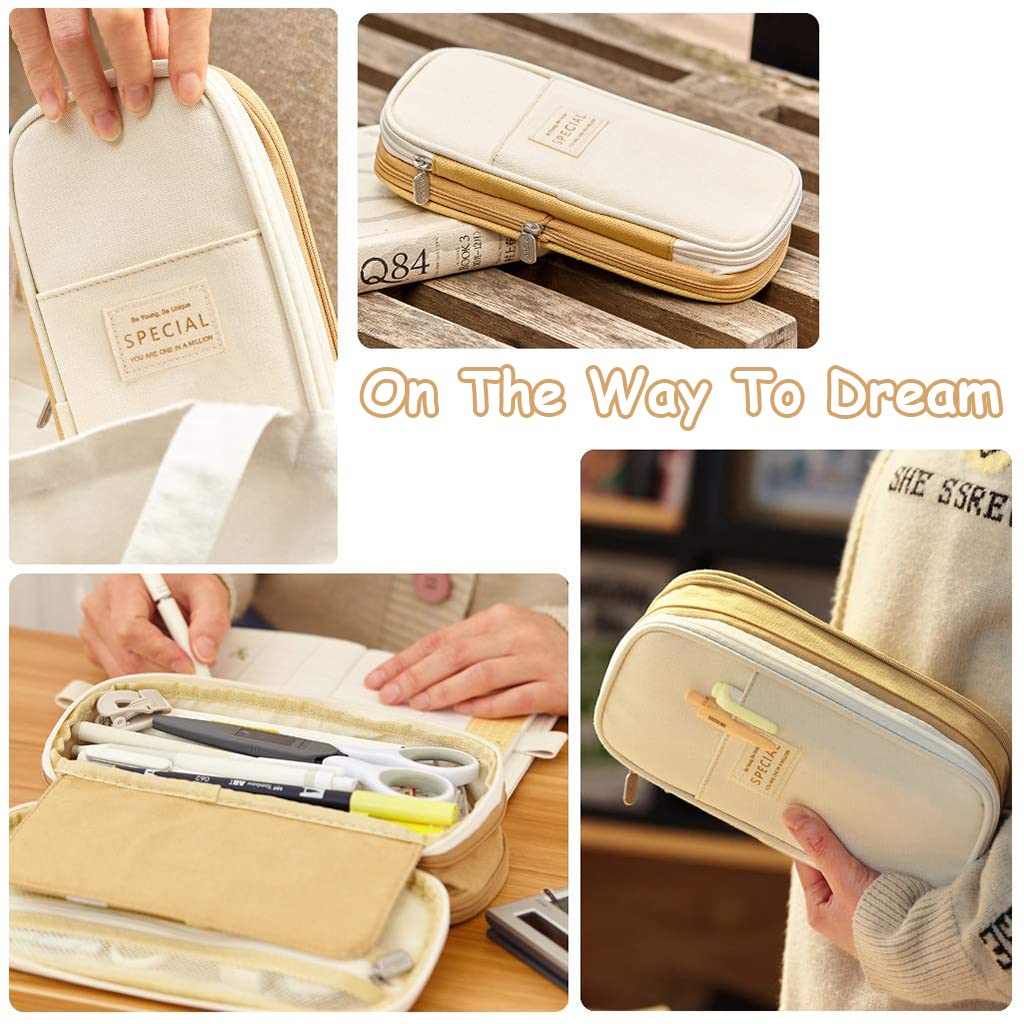 HASTHIP Large Capacity Pencil Case, Durable Storage Multiple Compartment Double Zipper Portable Capacity Pencil Pouch for College Student Teen, 22x11cm (Khaki)