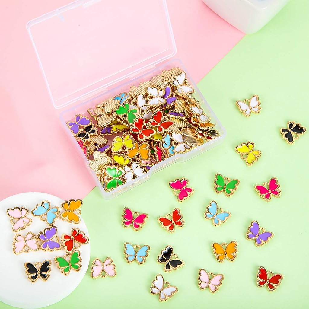 MAYCREATE 50pcs Color Butterfly Charms for Jewelry Making Enamel Butterfly Pendant Gold Plated DIY Butterfly Charm Necklace Bracelets Pendent Kit for Bracelet Jewelry Making and Crafting