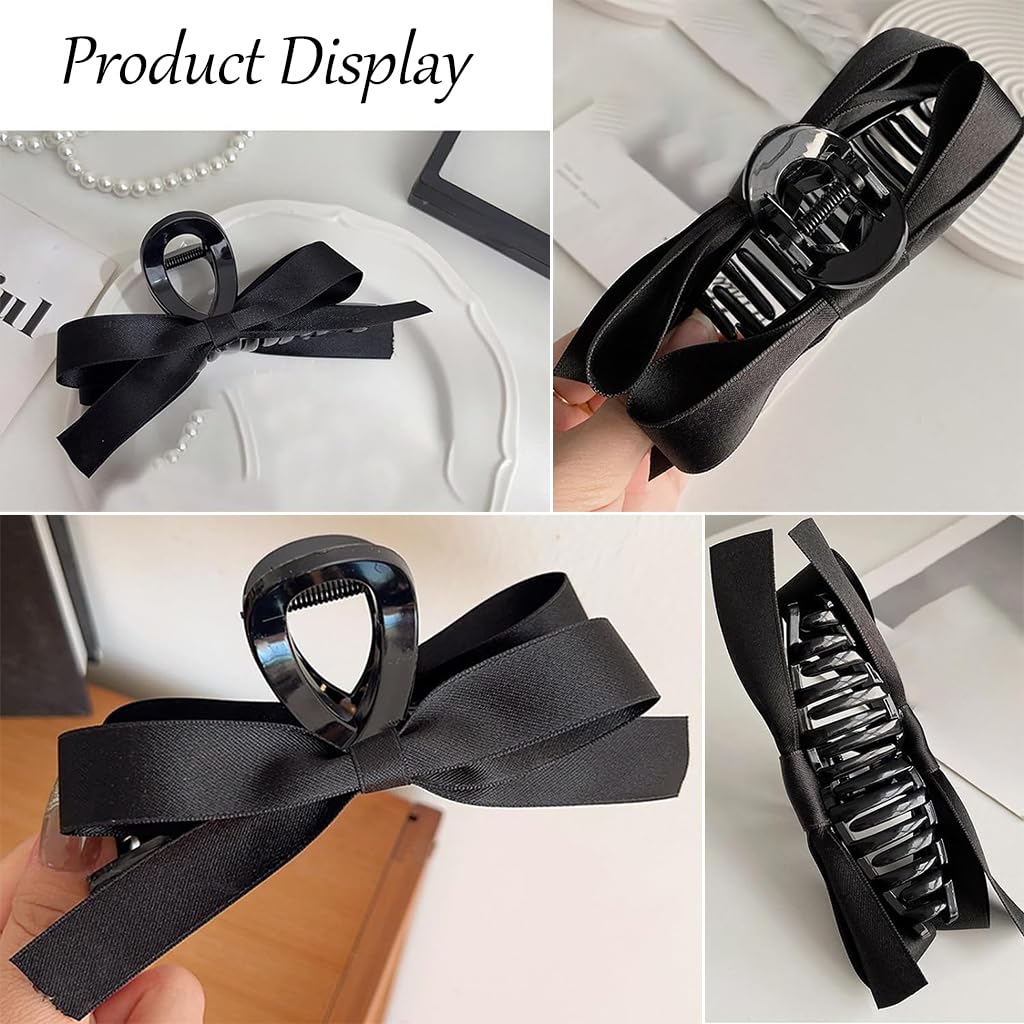PALAY Bow Hair Clips for Women Stylish 5'' Large Bow Clutcher for Women Hair Satin Hair Bow Clips for Women Girls Big Hair Claw Clip Clamp - Black