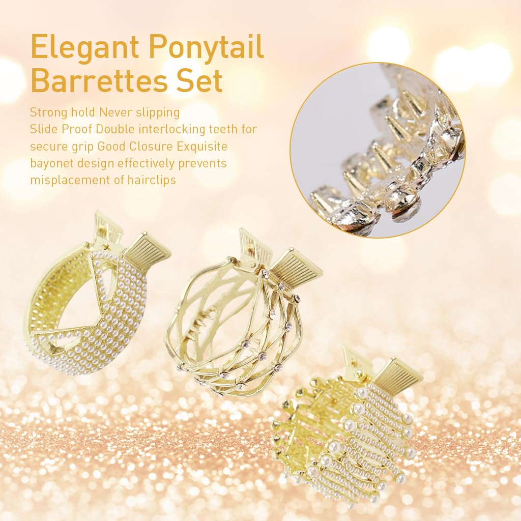 PALAY 3pcs Ponytail Holder Hair Claw Clips for Women, Metal Ponytail Hair Clip, Rhinestone Claw Clips Aesthetic 1.77Inch Small Hair Clips for High Ponytail Thick Long Hair (Gold)