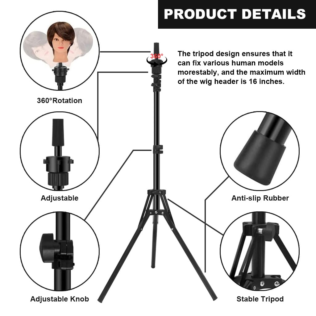 MAYCREATE Wig Stand Tripod, Adjustable Metal Mannequin Head Stand Holder, Upgrade Foldable Wig Head Stand for Cosmetology Hairdressing Training (17-56inch)