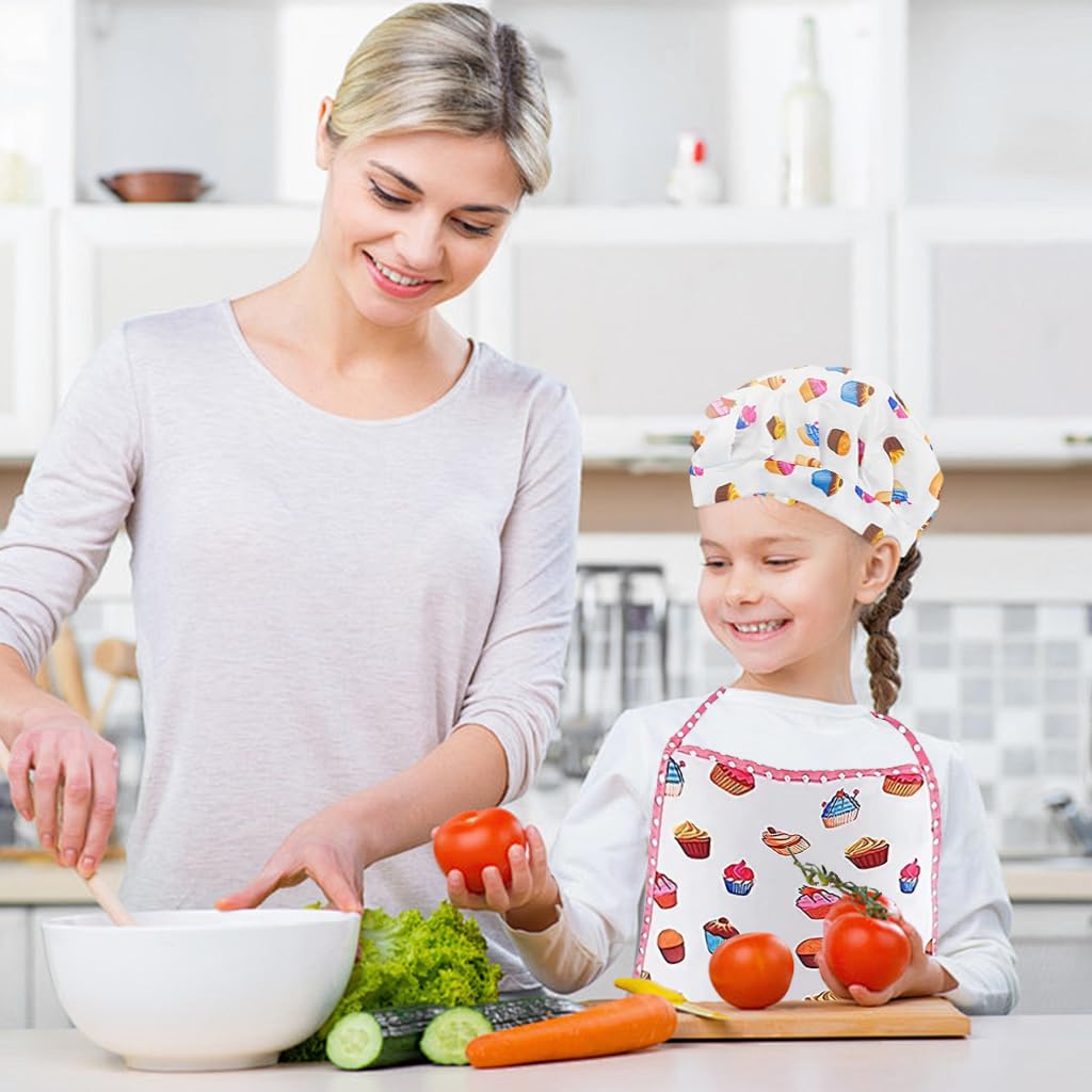 SNOWIE SOFT Chef Dress for Girl 3-7 Years Old, 4pcs Kitchen Costume Role Play Kits, Girls Apron with Chef Hat, Cooking Mitt and Print Insulation Pad Themed Photography Props