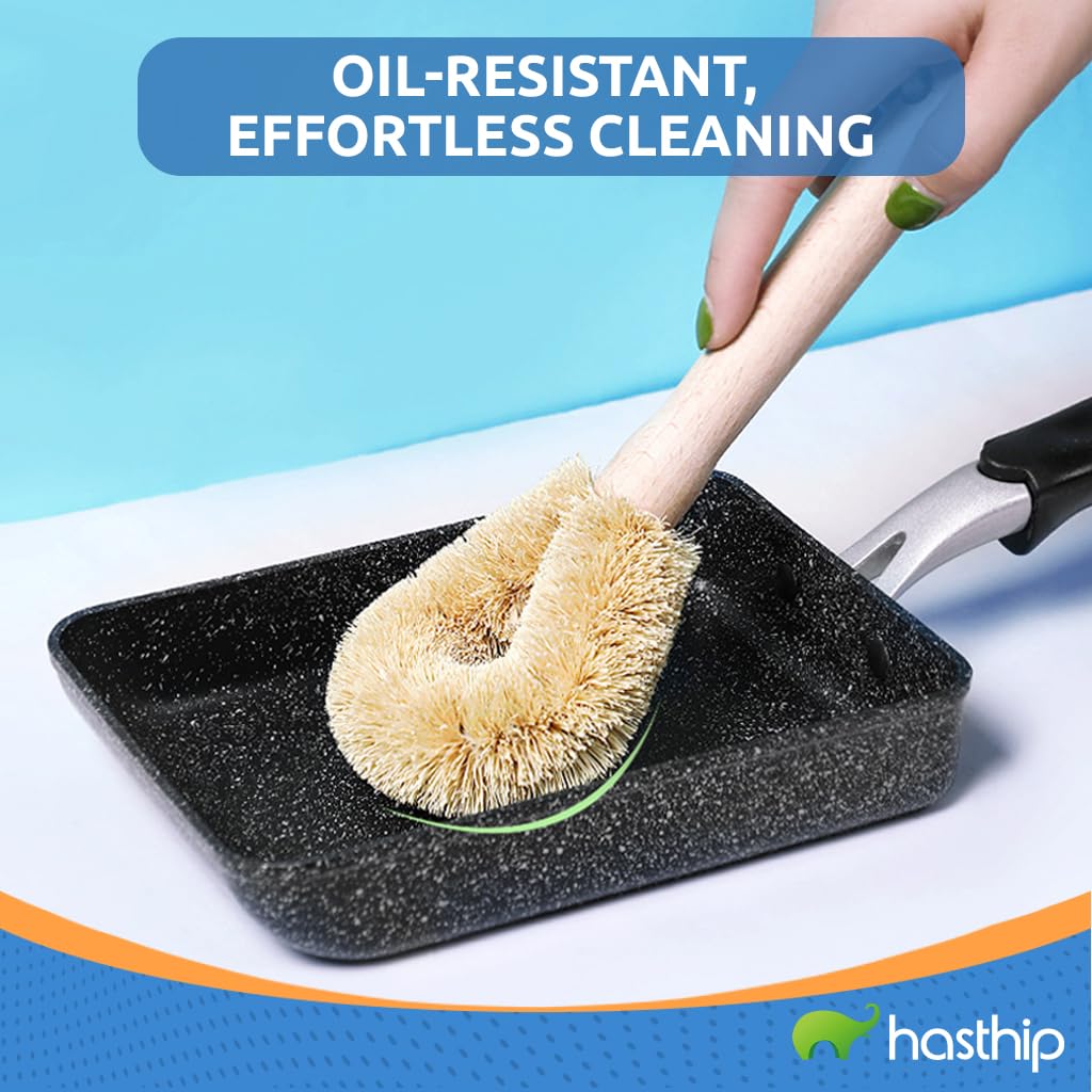 HASTHIP 2Pcs Kitchen Pot Cleaning Brushes with Wooden Handle, Natural Coconut Shell Fiber, Hard Bristles Coir Scrubber for Pots, Pans, Utensils