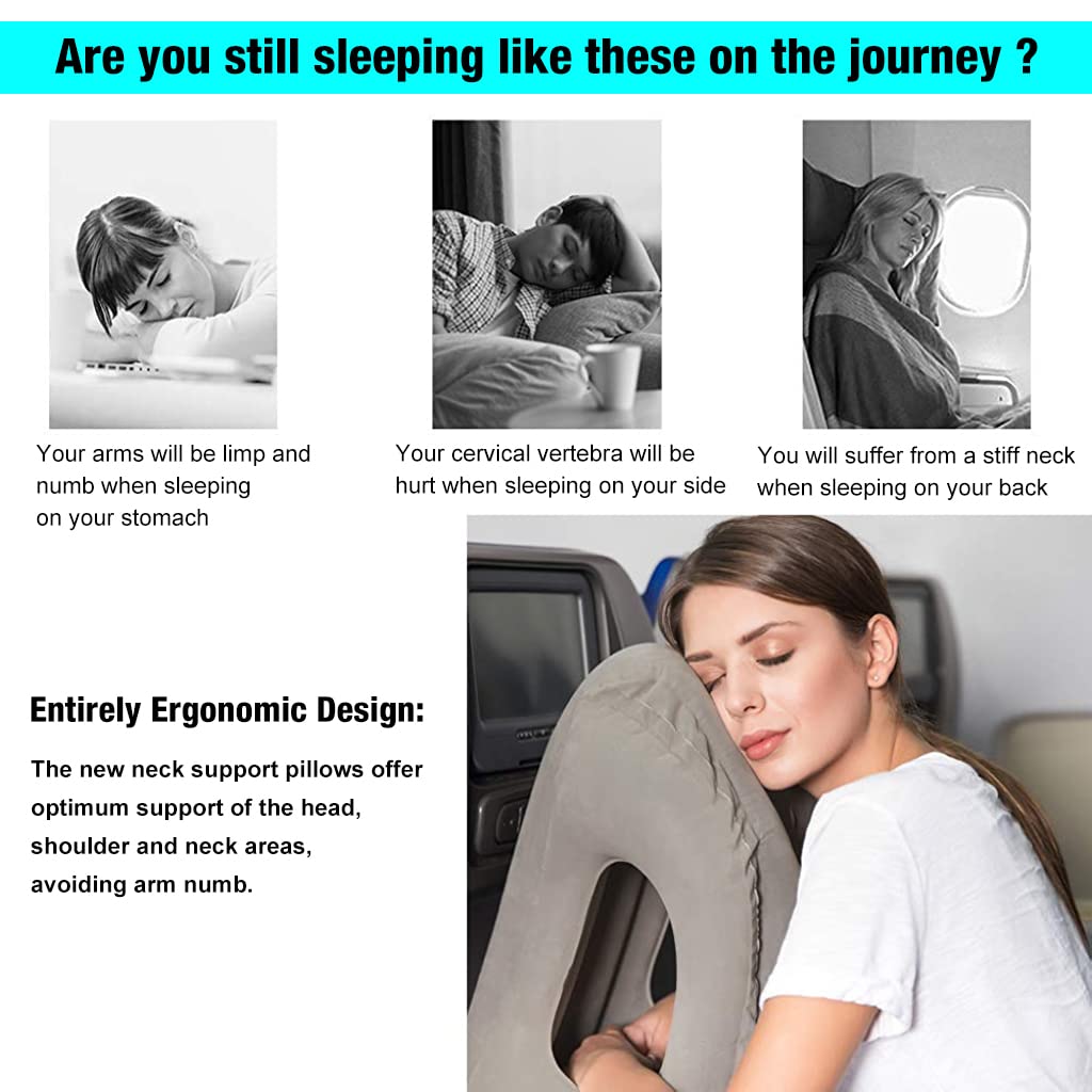 HANNEA Inflatable Travel Pillow, Inflatable Neck Air Pillow for Sleeping, Support Head, Chin, Neck and Lumbar, Avoid Neck & Shoulder Pain, Comfortable for Airplane, Car, Polyvinyl Chloride, Grey