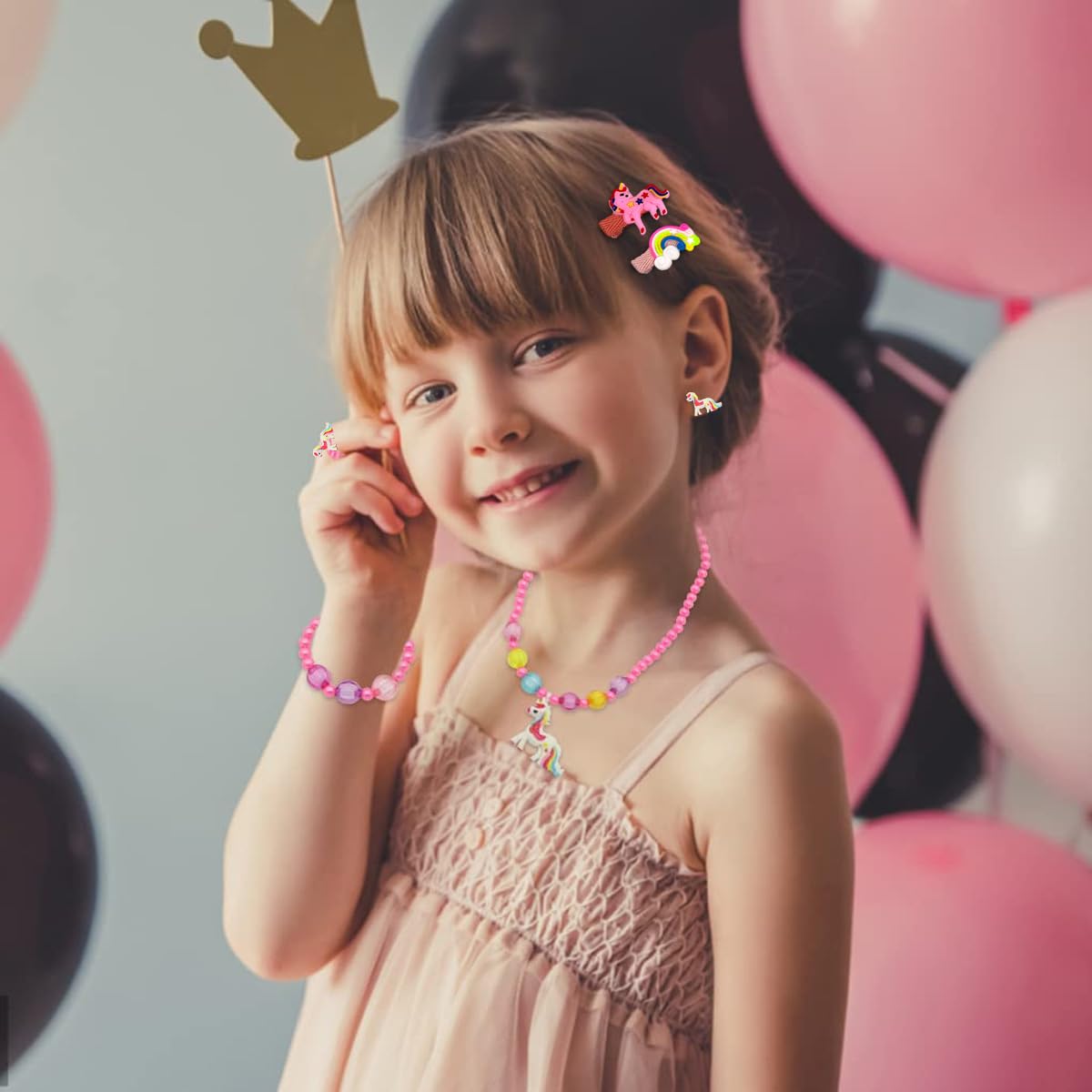 SANNIDHI Unicorn Jewellery Set for Girls, Cute Cartoon Fluffy Sling Bag Beaded Necklace Bracelet Earrings Ring & Hair Clips Kit, Fashion Party Dress up Jewelry Unicorn Gifts for Girls Kids