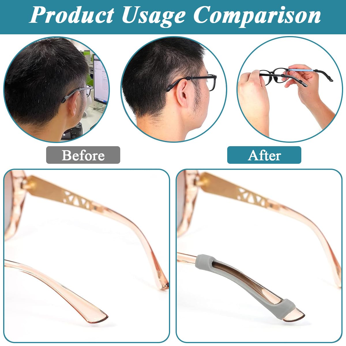 MAYCREATE Eyeglasses Retainers Sets, Silicone Anti-Slip Eyeglass Holder, Eyeglasses Temple Tips Sleeve Retainer for Behind the Ear, Reusable Glasses Ear Grip for Sport Study