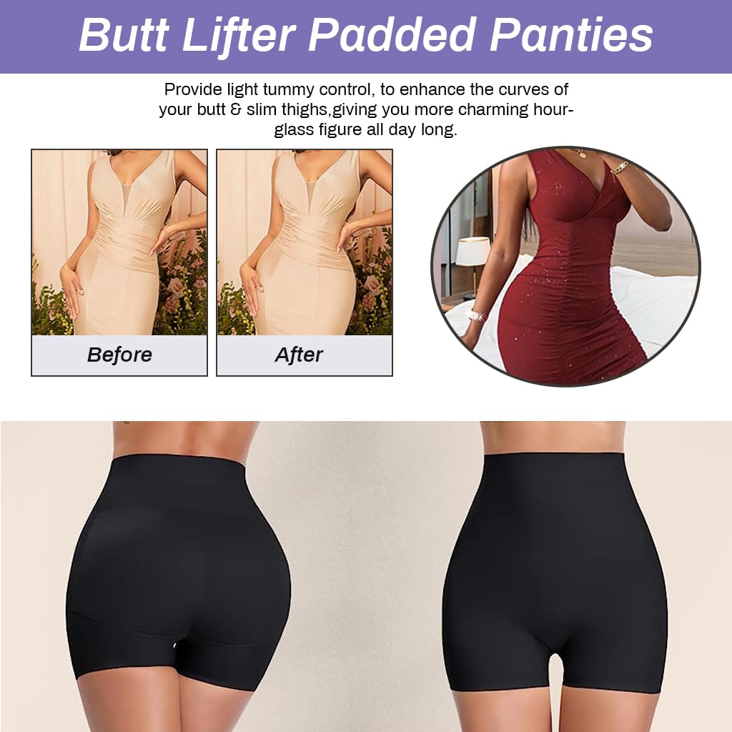 PALAY Womens Padded Underwear Butt Lifter Panty Invisible Body Shaping Butt Lifting Underwear High Waist Hip Pad Enhancer Shorts, M, Black