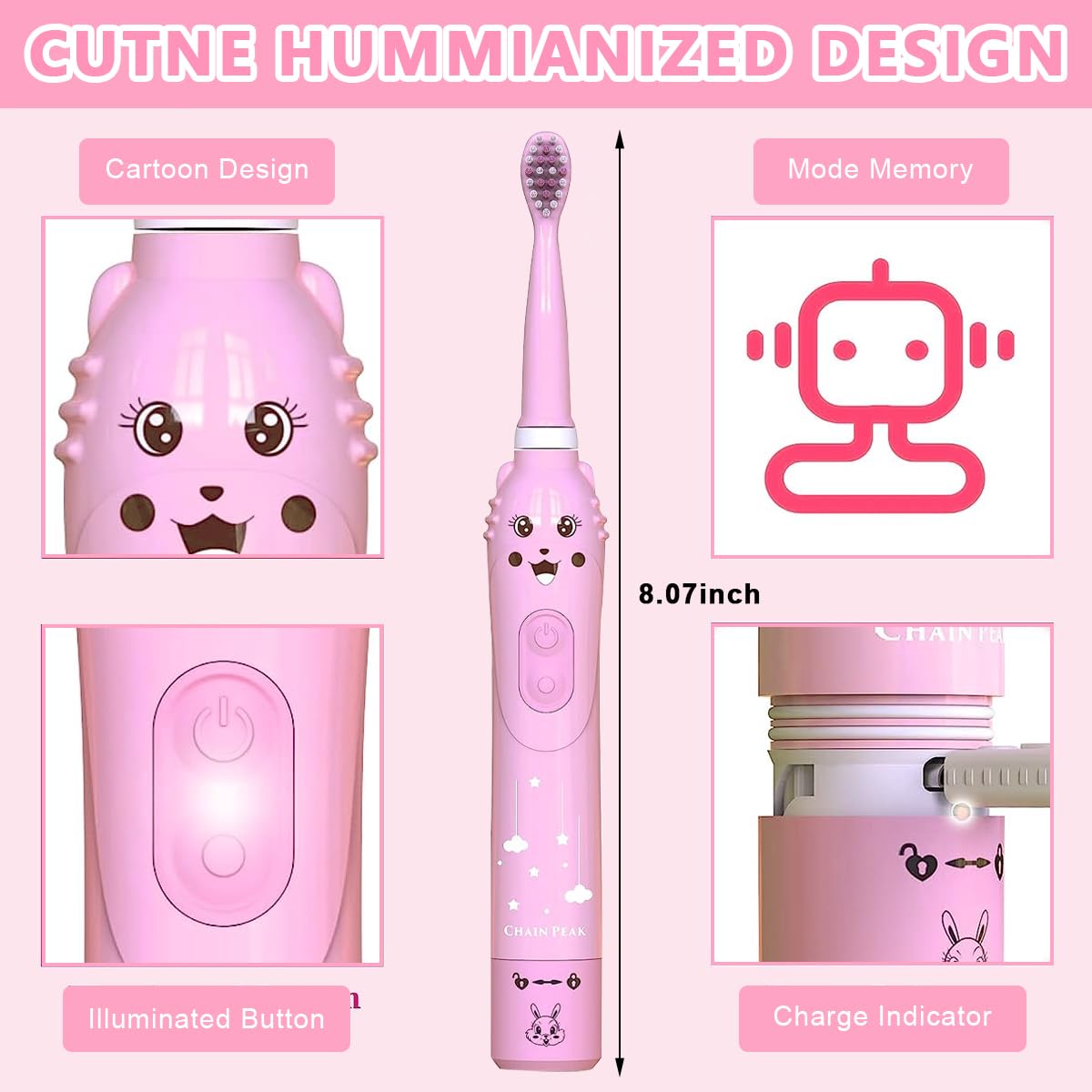 HANNEA Electric Toothbrush For Kids, Battery Powered brush tooth, Age 3+, Soft Nylon Bristles, Chargeable automatic Tooth Brush With 6 Brushing Modes, 2 Interchangeable Brush Heads