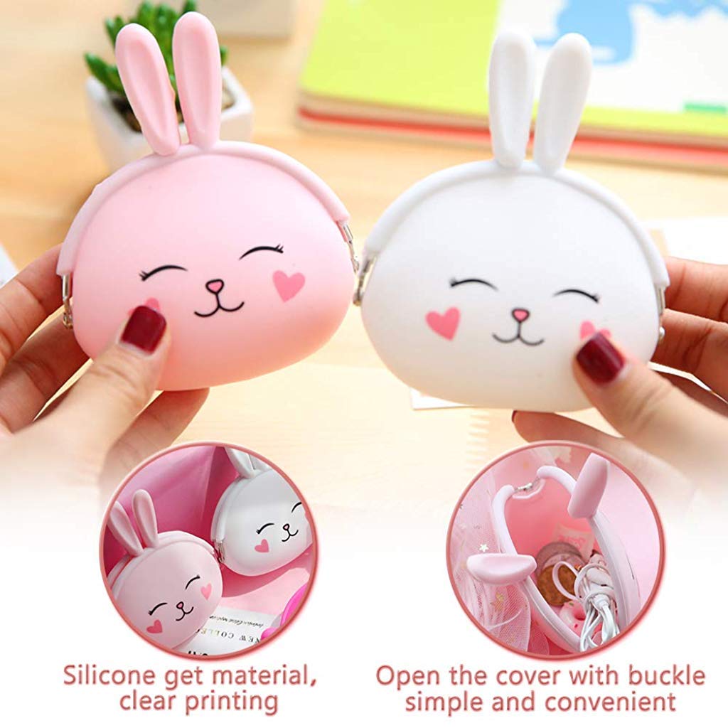 SANNIDHI 2 Pcs Silicone Coin Purse for Girls Stylish Coin Pouch Bag, Cute Bunny Small Coin Purse for Kids, Storage of Change, Small Accessories Wallet For Girls (Pink+White)