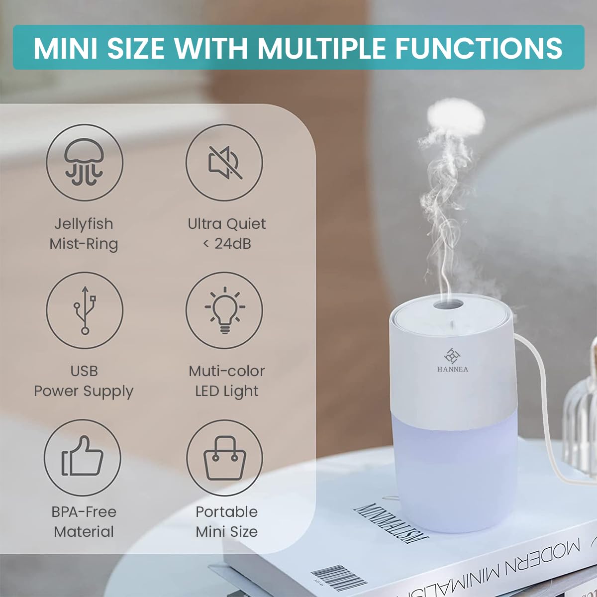 HANNEA Humidifier For Room Cold And Cough, 20Db Silent Jellyfish Spray Air Humidifier 7-Color Light Aroma Diffuser Cool Mist Humidifier With 2 Modes For Bedroom, Living Room, Office, Car, 360 Ml