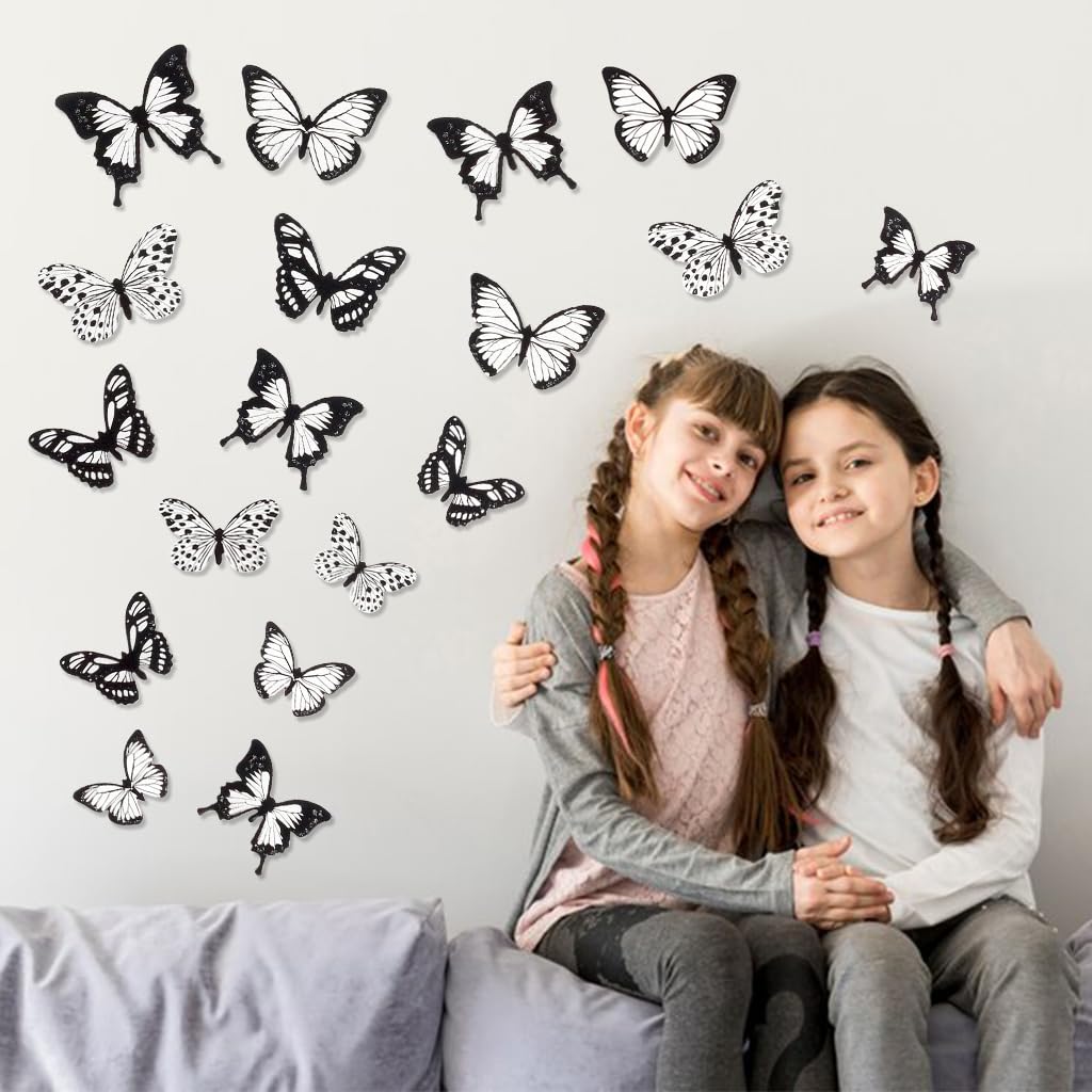 HASTHIP 36Pcs 3D Butterfly Wall Stickers Decor Removable Butterfly Stickers PVC Black and White Butterfly Decals DIY Decorative Wall Art Crafts for Baby Room Home Decor Refrigerator Decoration