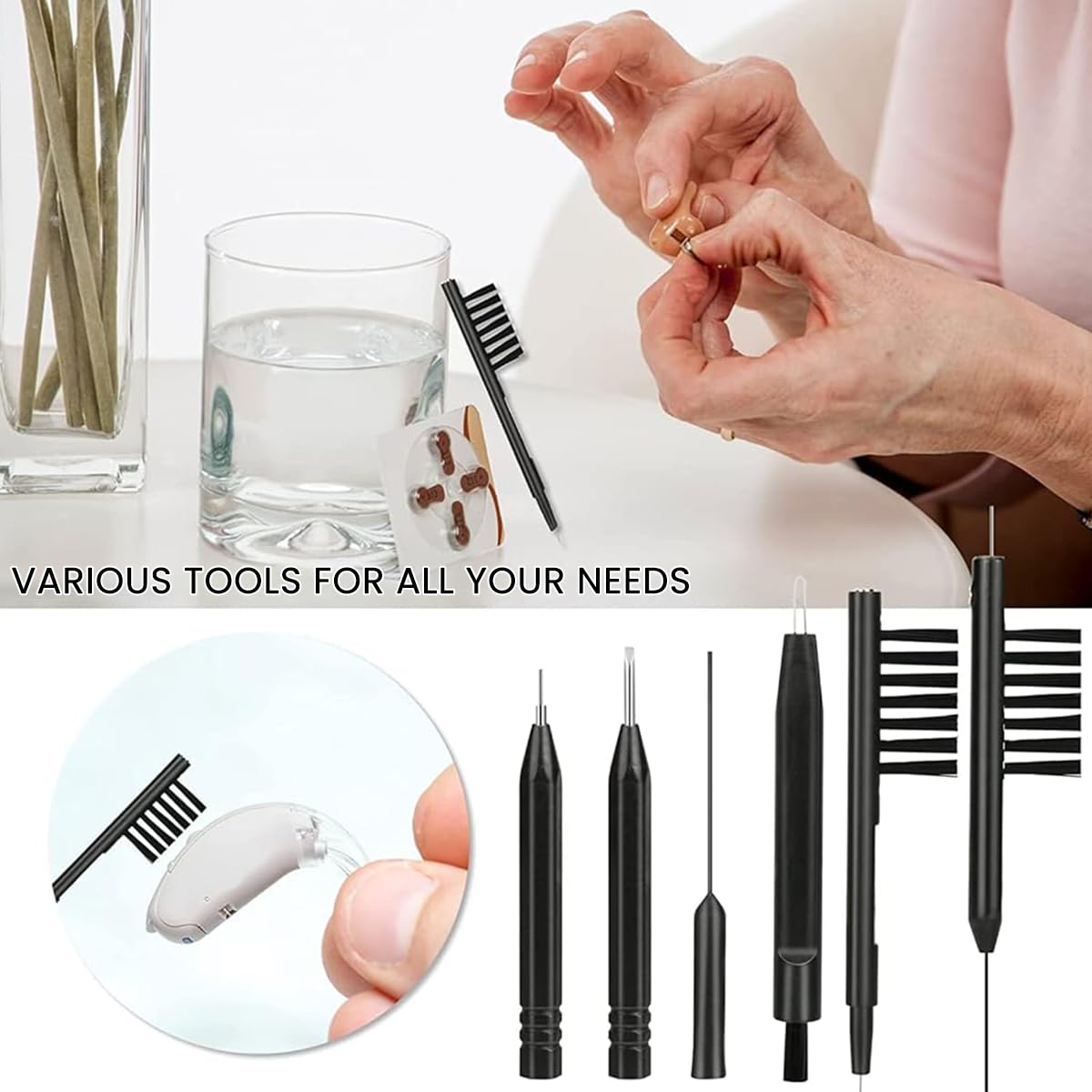 HANNEA Hearing Aid Cleaning Kit, Set of 8pcs Hearing Aid Cleaning tools with Storage Case & Magnifier, Hearing Aid Cleaning Brushes Earphone Cleaning Kit for Hearing Aid, Earbuds, Earphone