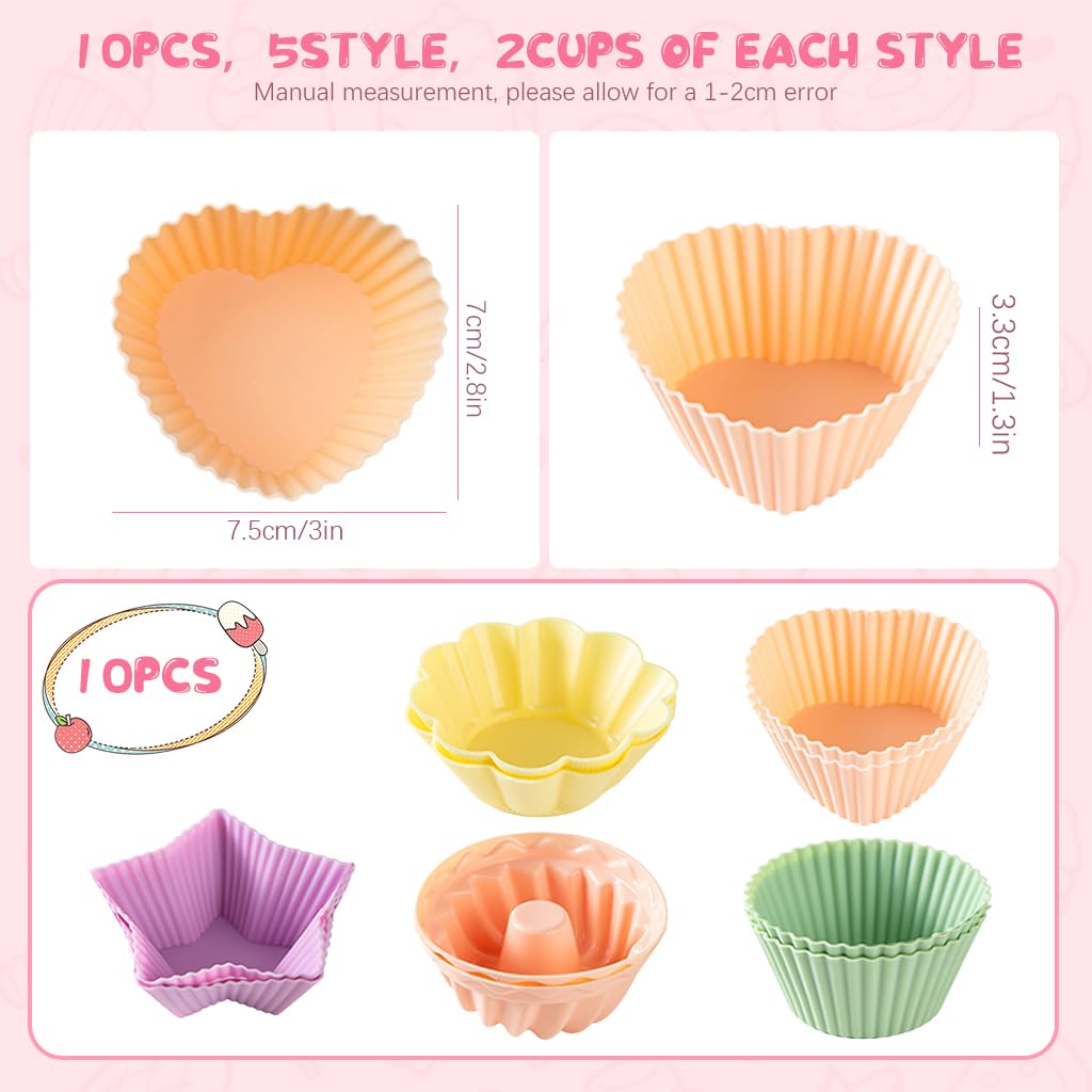 HASTHIP 10Pcs Silicone Cake Molds 5 Designs Creative Kitchen Baking Cake Mold Sunflower Heart-shaped Star Cupcake Molds BPA Free Silicone Heat Resistant Silicone Molds for Cake, Chocolate, Jelly