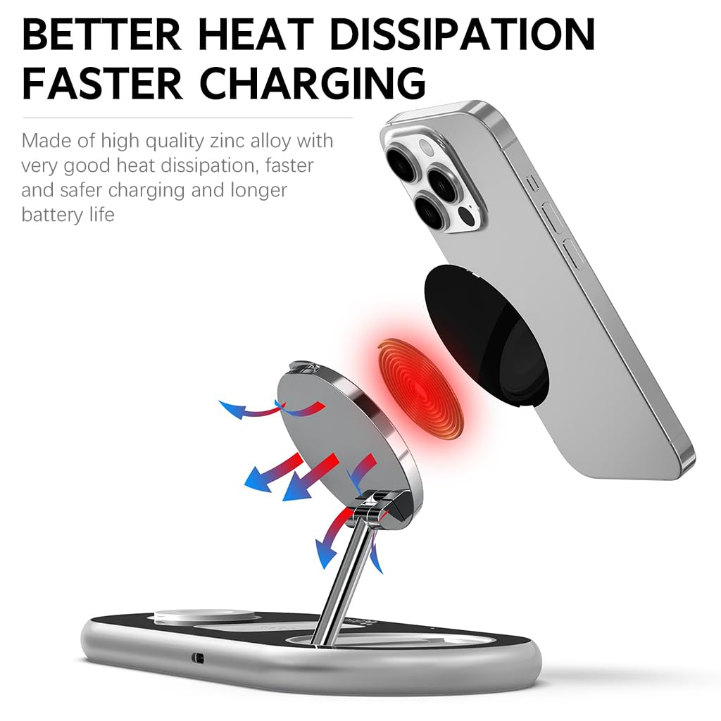 zitronix 3 in 1 Charging Station for iPhone, iWatch & Airpod 15W Wireless Charger Type C Interface & Folding Arm Design Magnetic Mag-Safe Charger Stand Travel Sleek Slim Charger Station, 23x10cm