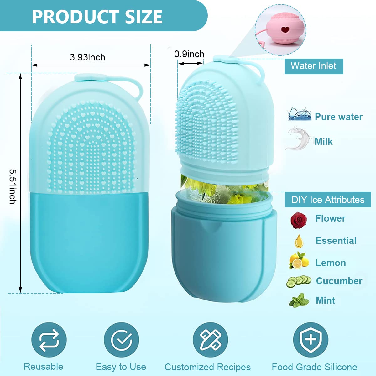 MAYCREATE Ice Face Roller Ice Cube Mold With Cleansing Brush, Anti-Leak Silicone Ice Roller for Face Massage, Beauty Ice Facial Roller for Eliminate Edema, Tighten Skin, Women Skincare Gift (Blue)