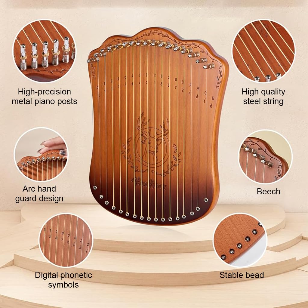 PATPAT Lyre Harp 17-String Lyra Harp Kit, Mahogany Stringed Musical Instruments with Extra 17 Strings, Tuning Wrench, Finger Picks & EVA Gig Bag Starter Music Instrument for Adults Kids