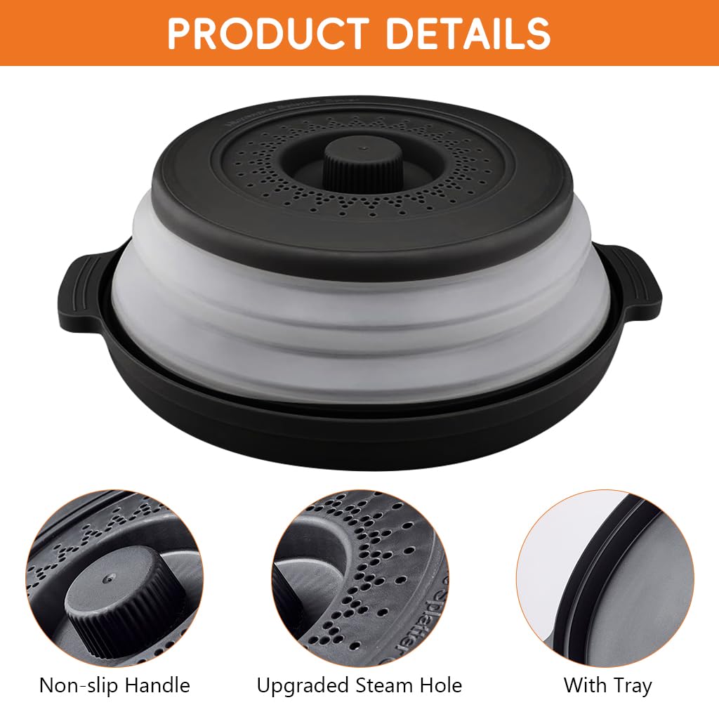 HASTHIP 10.6 inch Microwave Plate Cover, Collapsible Food Plate Lid with Top Steam Vent and Gripper, Strainer for Fruit, Microwave Lid Food Splatter Cover, BPA Free, Microwave Safe Material (Black)