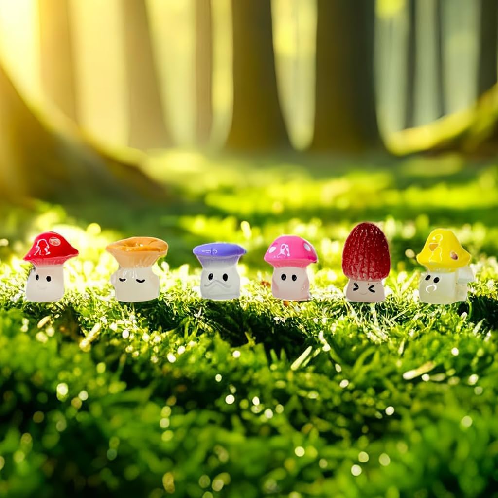 HASTHIP 6Pcs Mini Luminous Mushrooms Plant Miniature Moss Landscape Decorations Resin Miniature Decor for Moss Landscape, Garden Ornament, Flower Pots, Dollhouse Garden Decorations, 1.2x1.6cm