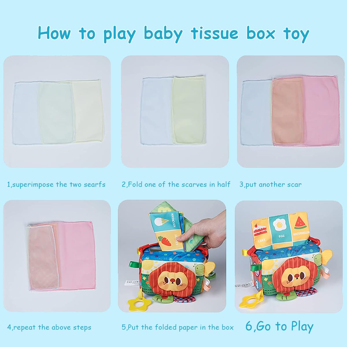 PATPAT Baby Tissue Box Toy, Montessori Toy Sensory Toy Box Soft Stuffed Square Tissue Box Sensory Toy with Funny Mirror, Teether, Cradle Toy Soft Toys for Toddler Gift for Toddlers