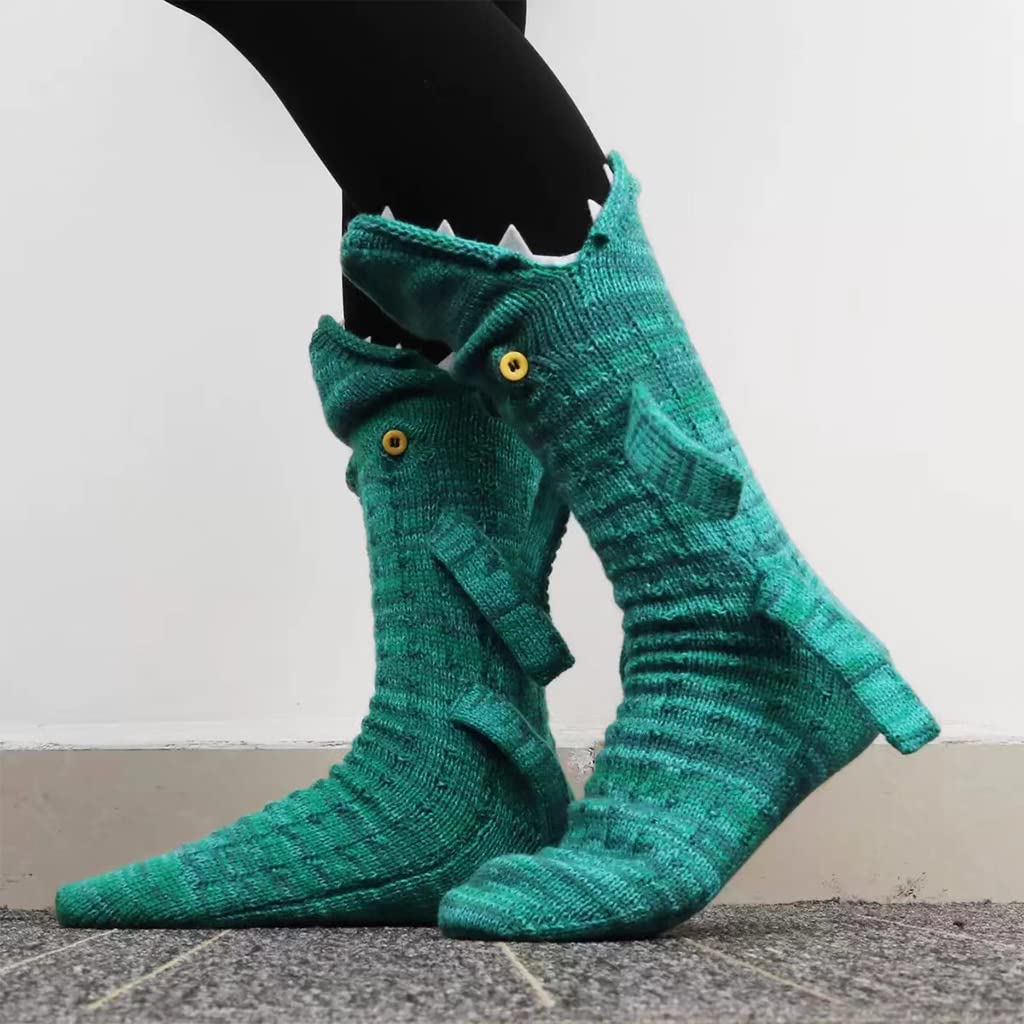 PALAY Floor Socks Cartoon Crocodile Mid-calf Socks Knit Warm Winter Socks Household Non-slip Cozy Socks for Pajama Party Christmas Gift for Women Teens(Green, One Pair)