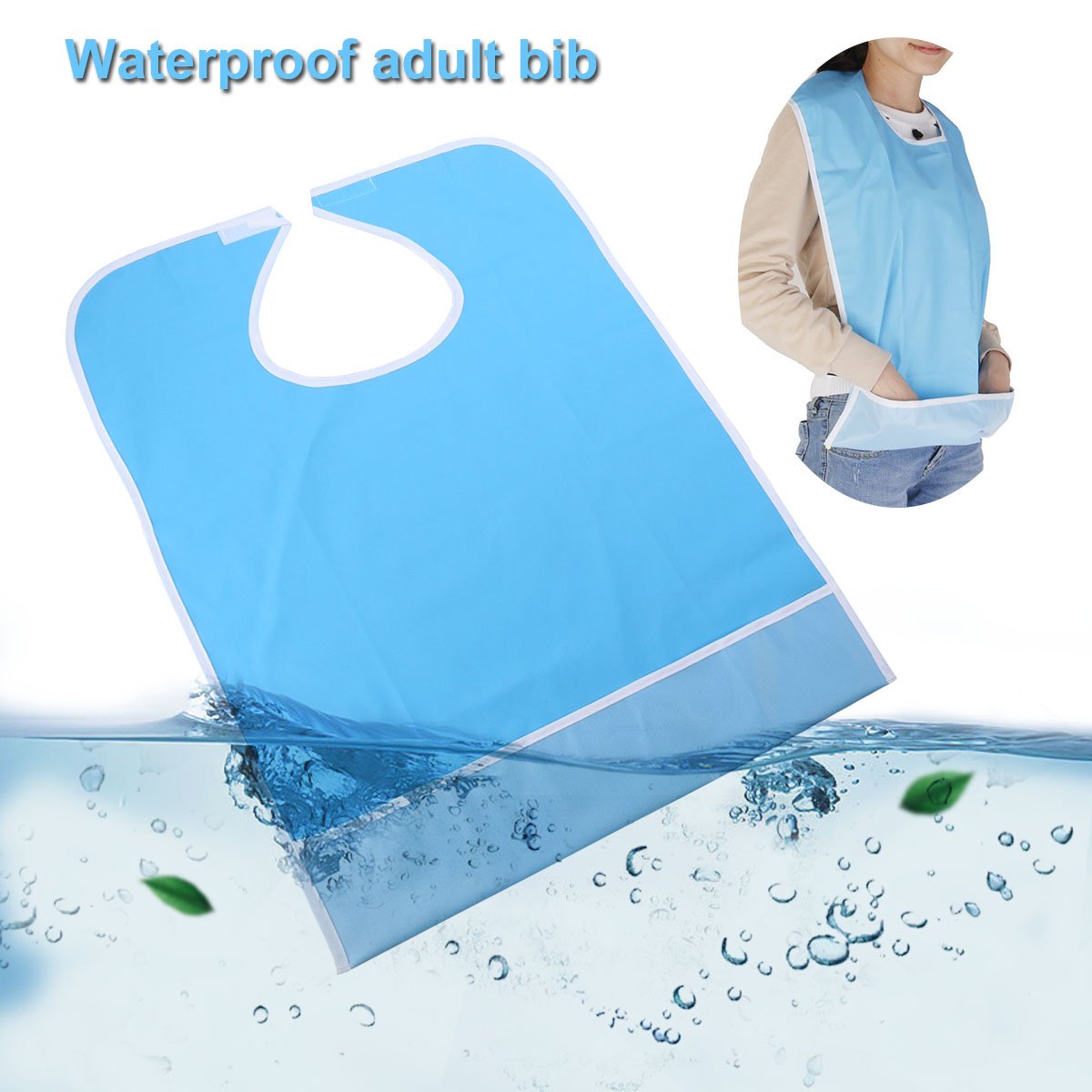ELEPHANTBOAT PVC Waterproof Adult Mealtime Bib Reusable Washable Fast Dry Bid Clothing Protector (Light Blue)