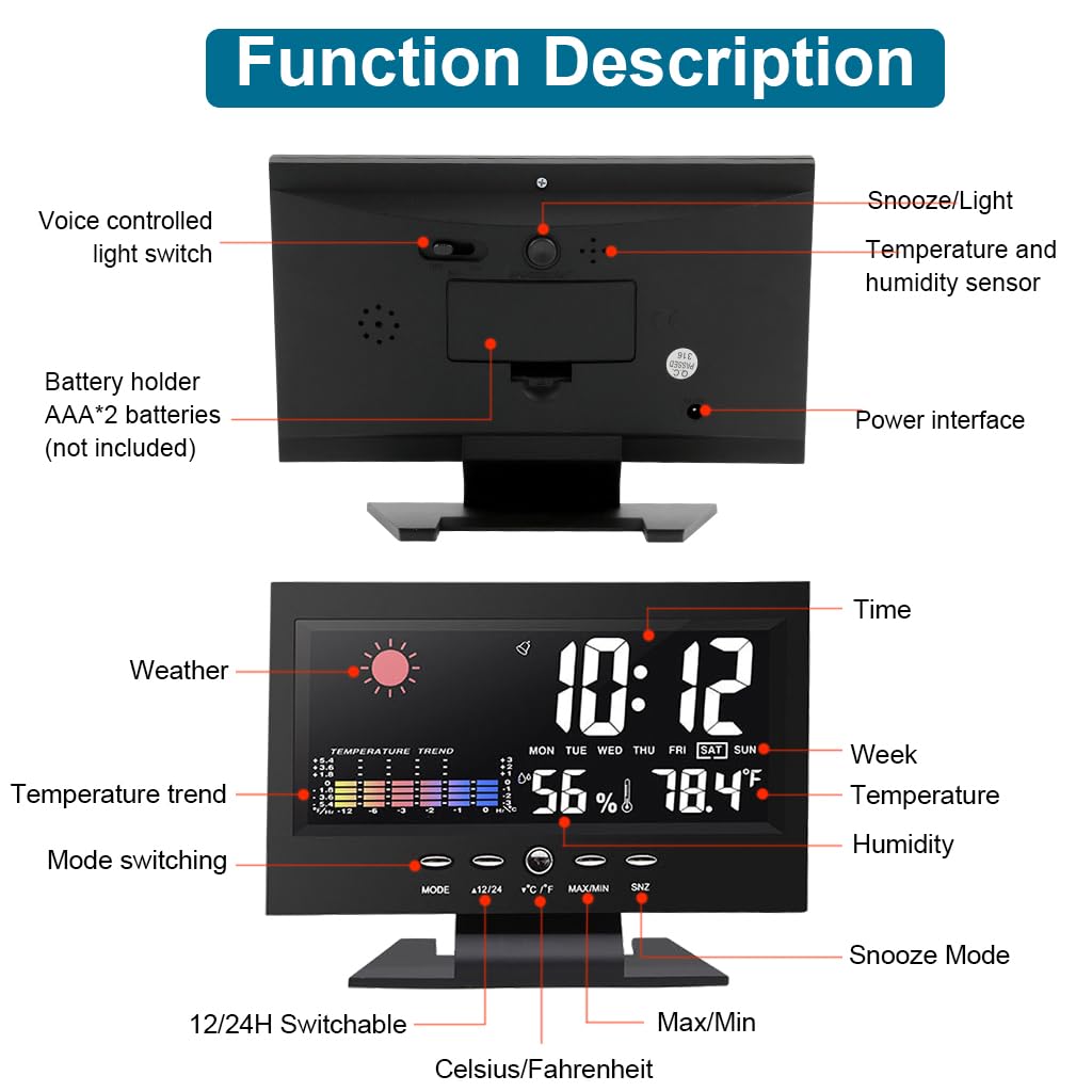 HASTHIP LCD Digital Thermometer Hygrometer Multifunctional Digital Thermometer Hygrometer with Alarm Clock, Weather Station USB Desk LCD Digital Thermometer Hygrometer for Home, Bedroom, Office