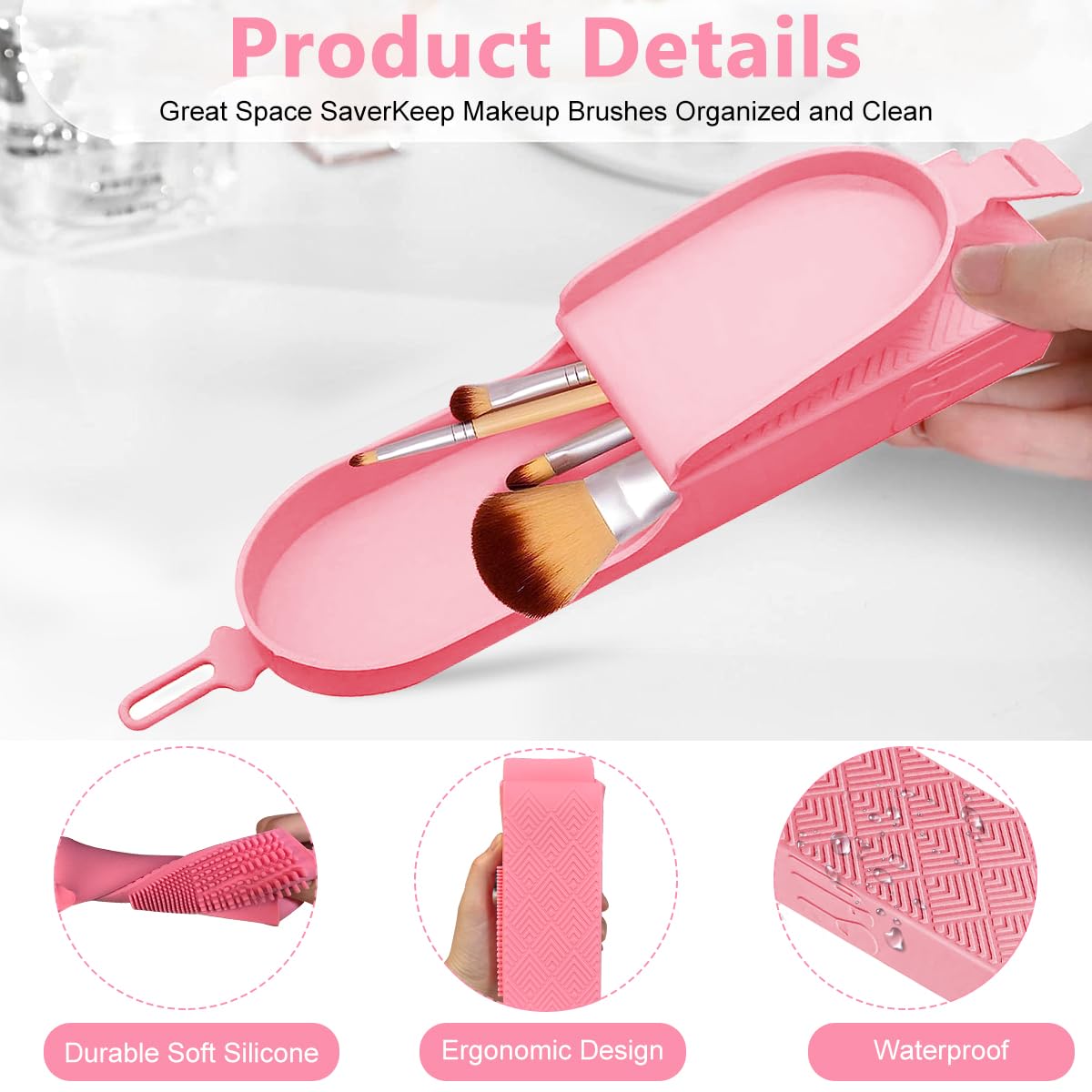 MAYCREATE Silicone Makeup Brush Holder, 2 in 1 Travel Makeup Brushes Organizer with Cleaning Bristle, Large Capacity Portable Cosmetic Brush Case for Daily, Work or Gift